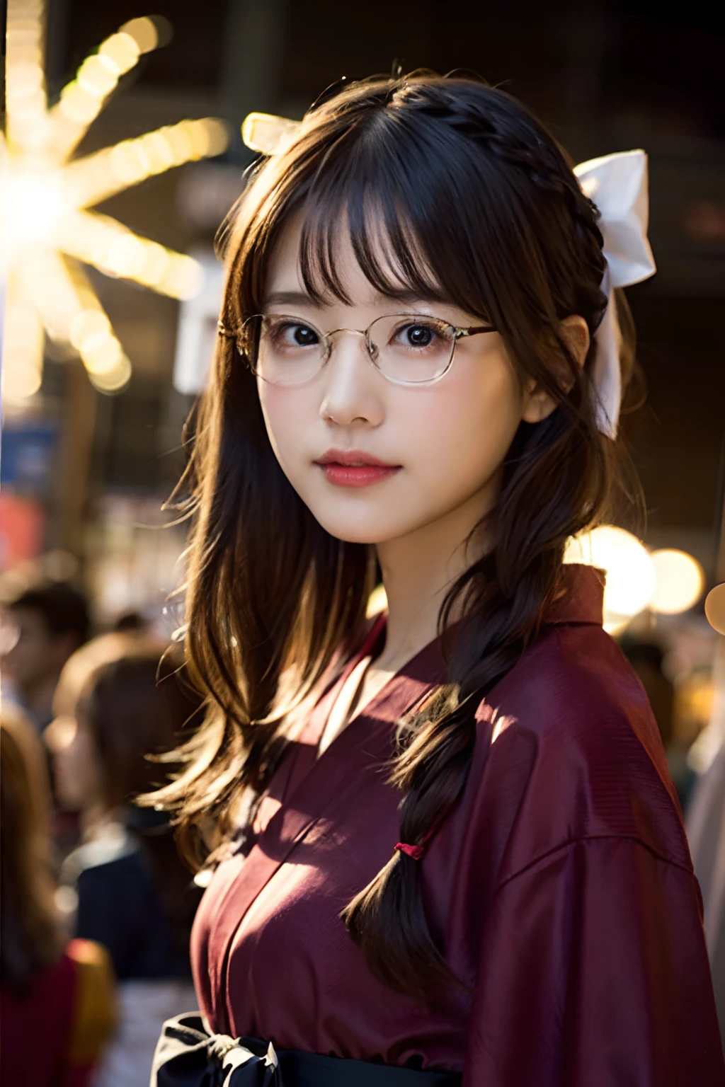 (8K、Raw photography、top-quality、masterpiece:1.2)、(realisitic、Photorealsitic:1.37)、ultra-detailliert、超A high resolution、女の子1人、see the beholder、beautifull detailed face、A smile、Constriction、(Slim waist) :1.3)、Japanese Yukata、Beautiful detailed skin、Skin Texture、Floating hair、Braided bow hair、Professional Lighting、Fireworks Venue、Square glasses with black rimming、Whole human body、Brown hair