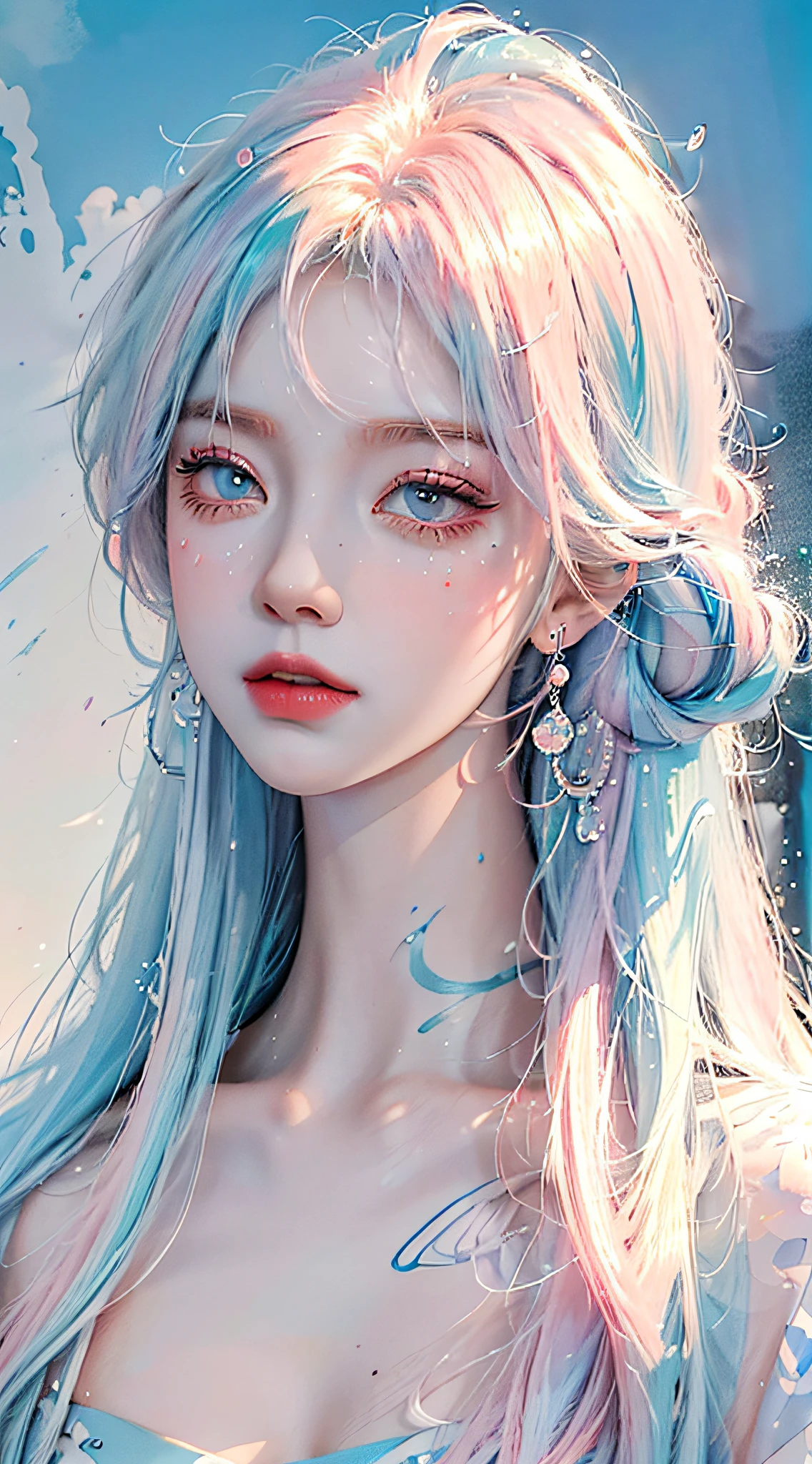 (Masterpiece, Best Quality, High Resolution), White Background, Acrylic Paint, ((Color Splash, Splash of Ink, Color Splash)), Sweet Chinese Girl, Long Light Blue Hair, [Light Blue|Pink] Hair, Curly Hair, Glitter, Peach Lips, White Shirt, Front, Upper Body
