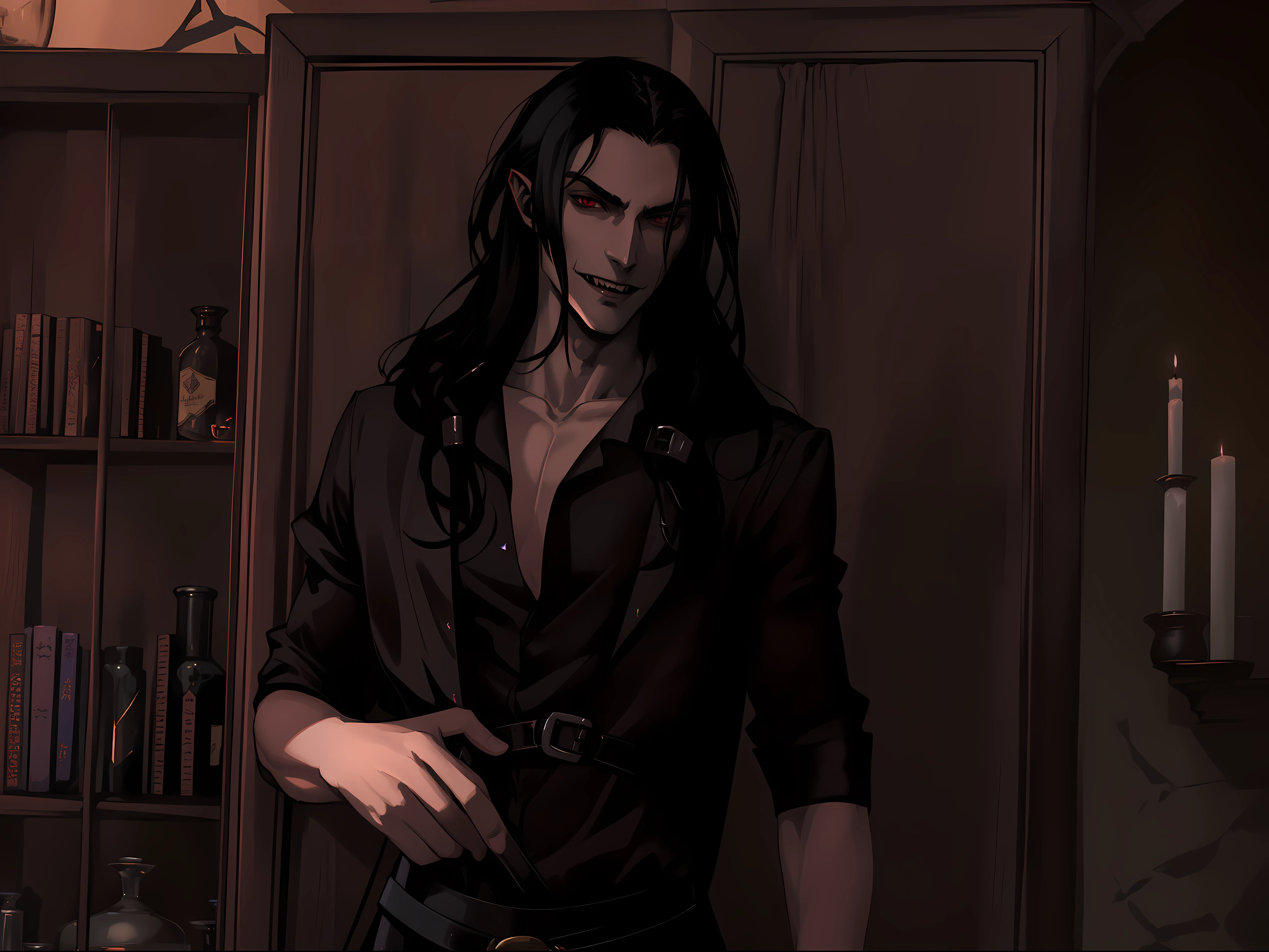 arafed man in a dark shirt in a room, skinny male fantasy alchemist, androgynous vampire, with his long black hair, with long dark hair, male vampire, handsome male vampire, as a medieval fantasy character