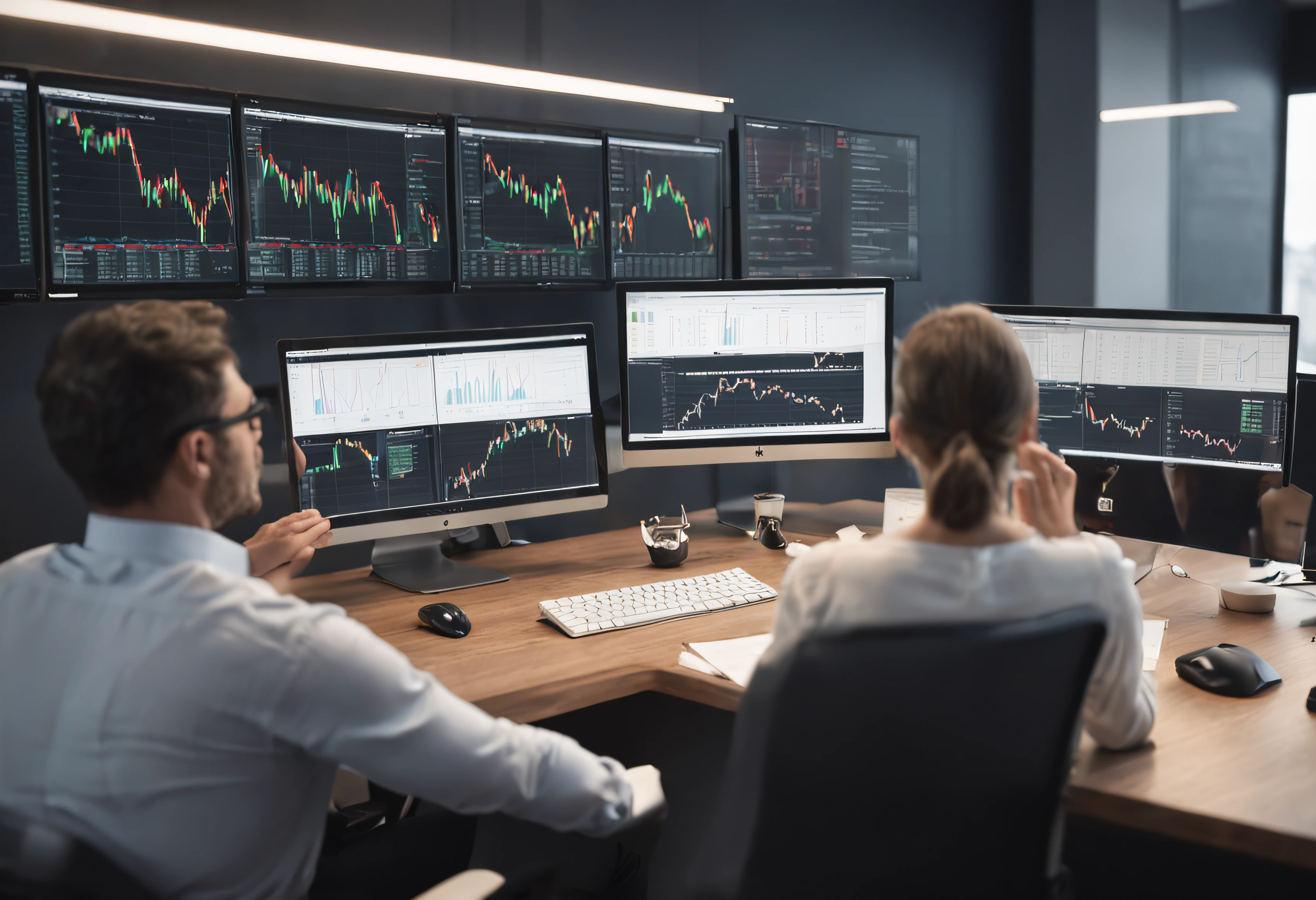 muslim girl and hindu boy sitting in the chair , surrounding wall have many trading patterns and charts , they see the computers and in there computer show binance trading charts