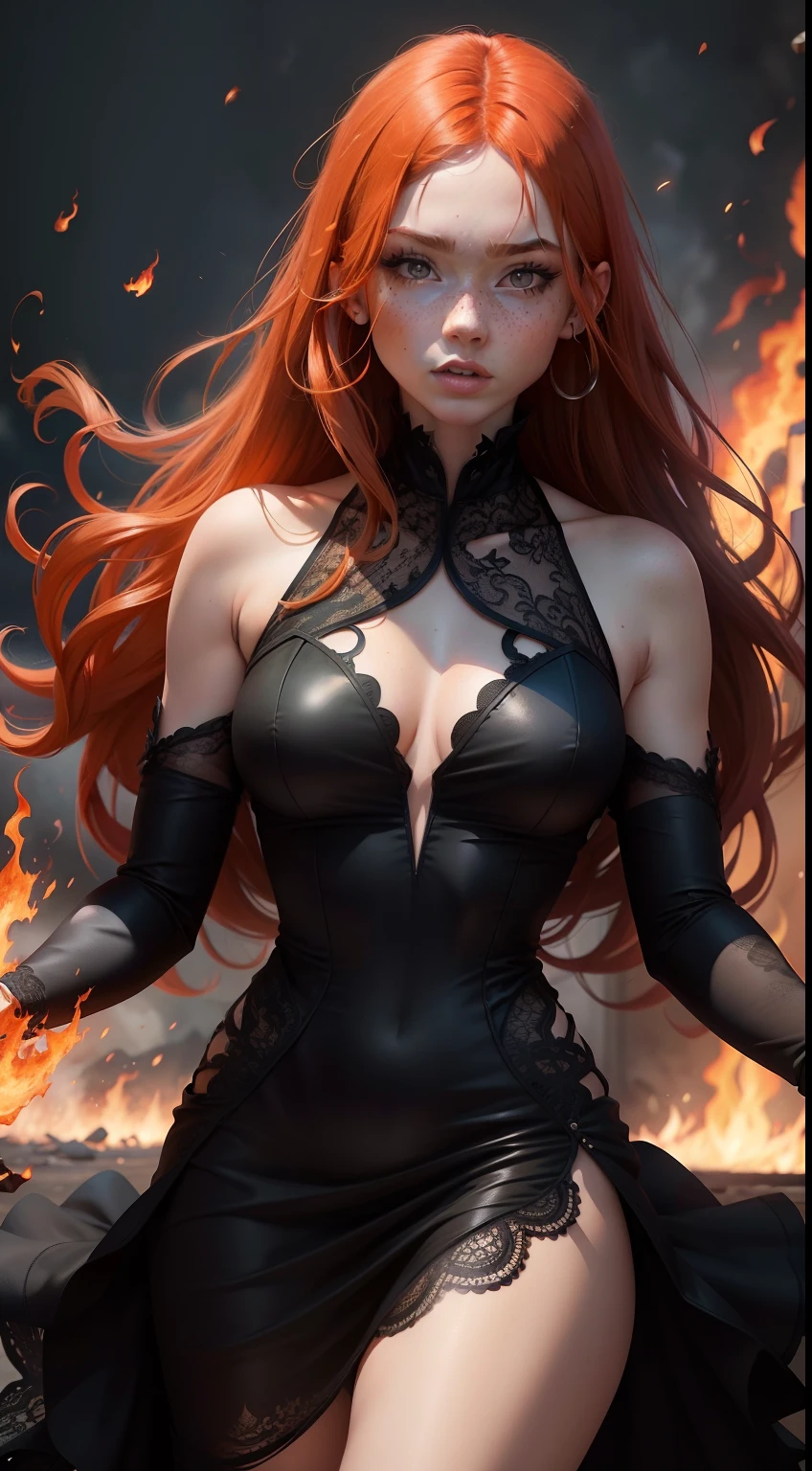Ginger girl with freckles, black lacy dress, looking fierce, flames swirling around her