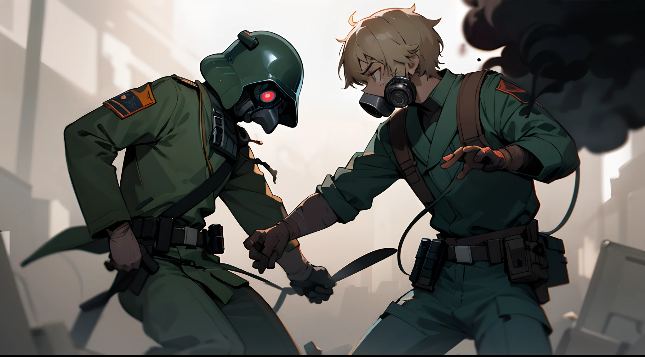 world war 3 close quarter combat, soldier wearing gas mask, smokey background, backlight, waricsons, waring pose, belts + scarred, damaged, stare into space, star wars, sad, regret, painful, vivid, volumetric lighting, anime digital, high detail, in the style of James jean, timing