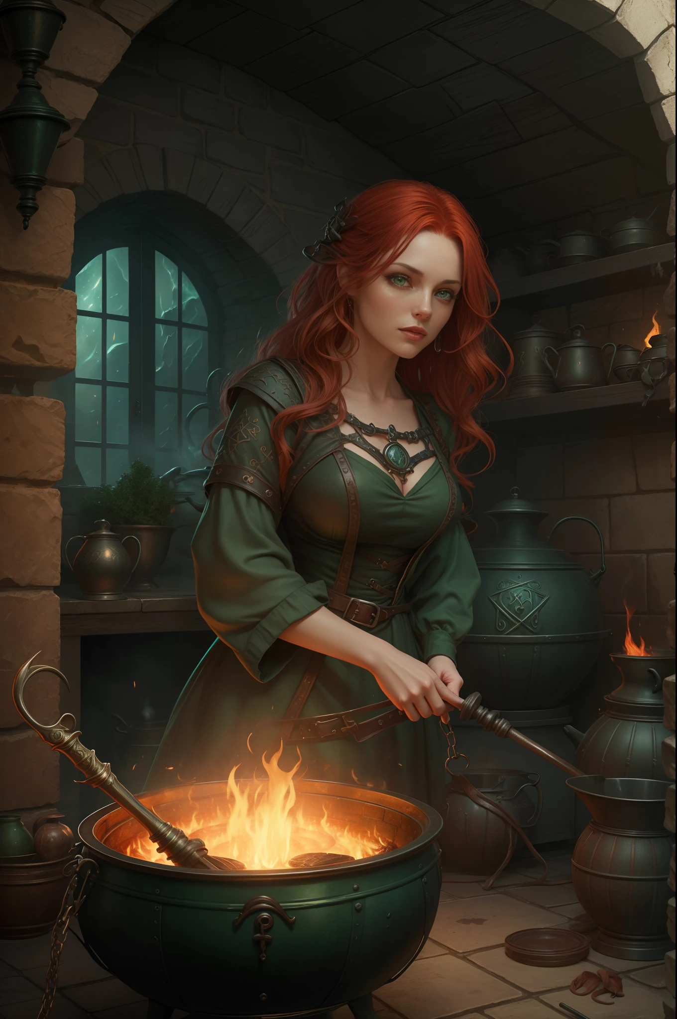 high details, best quality, 16k, RAW, [best detailed], masterpiece, best quality, (extremely detailed), full body (best details, Masterpiece, best quality), , ultra wide shot, photorealistic, fantasy art, RPG art, D&D art, a picture of a woman, witch brweing dark matter over big cauldron in the fire place, middle aged woman, exquisite beautiful woman (best details, Masterpiece, best quality), ultra detailed face (best details, Masterpiece, best quality), red hair, long hair, wavy hair, dynamic eye color, pale skin, green dress (best details, Masterpiece, best quality), wearing black boots, large boilng cauldron, black cauldron, green mists GlowingRunes_green, coming from cauldron, a stove, middles ages house background, dim fire light, High Detail, Ultra High Quality, High Resolution, 16K Resolution, Ultra HD Pictures, 3D rendering Ultra Realistic, Clear Details, Realistic Detail, Ultra High Definition Waiting to start