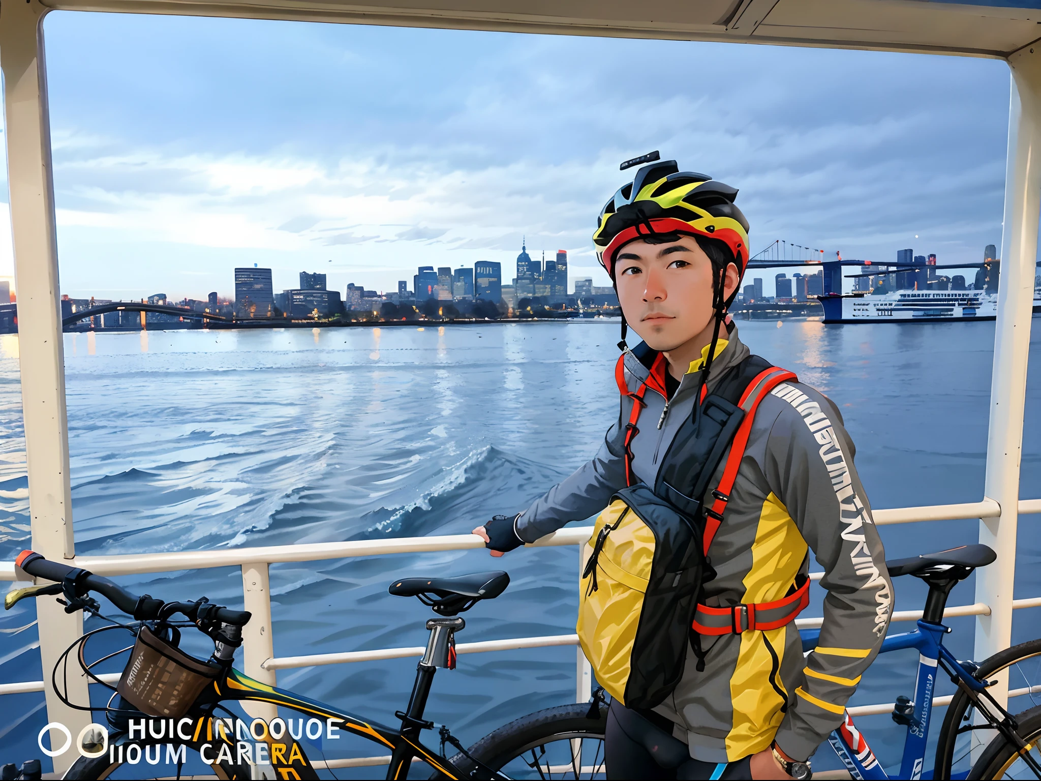 arafed man standing next to a bicycle on a ferry, cycling!!, with a city in the background, portrait c 12.0, portrait c 1 2. 0, portrait!!, at dusk!, captured on iphone, during sunset, discovered photo, river in the background, portrait!!!, photoshot, shot on gopro9, taken in 2 0 2 0