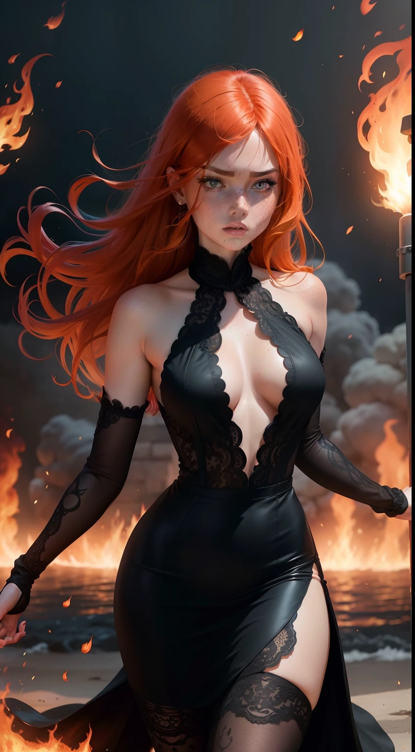 Ginger girl with freckles, black lacy dress, looking fierce, flames swirling around her