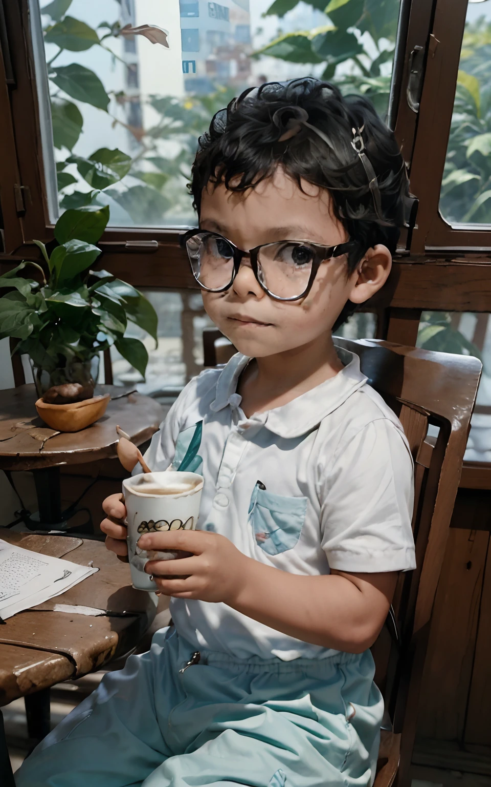 loranerdinho1, imagem (((circunstanciado))), (((rosto detalhado))), Imagine a serene café environment where a happy 3-year-old boy, with black hair and glasses, senta-se em paz, enjoying your coffee. Behind him, There's a (((banner que diz "GOOD SATURDAY,"))) oferecendo desejos calorosos para um "GOOD SATURDAY" In Portuguese. The atmosphere is calm and inviting, bathed in the soft glow of the morning sunlight seeping through the window. It's a quiet scene that beautifully embodies the essence of a perfect Saturday morning., fotografia, Tipografia