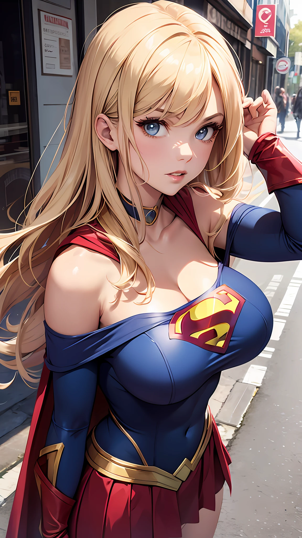 realistic, 1girl, blonde hair, blue eyes, bright blue eyes, cropped top, skirt, lips parted, blush, night, flowers, sun, sunlight, with Superman letter S on his chest.