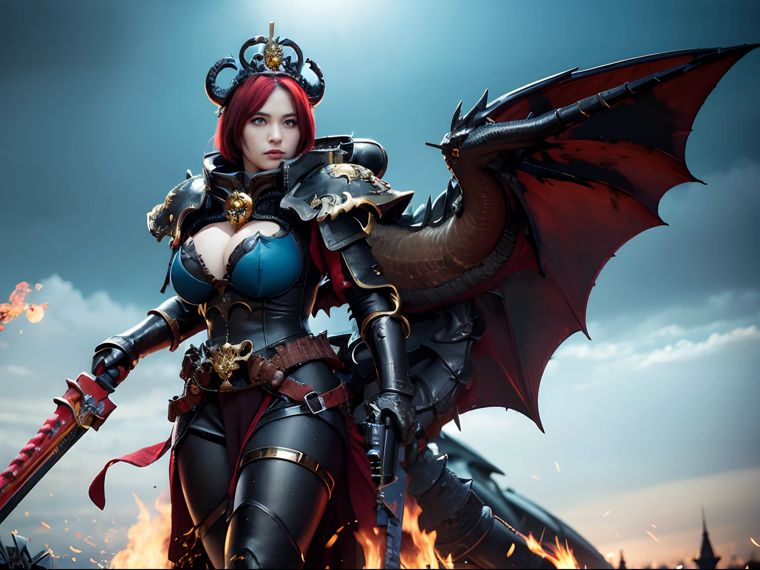 (demonic wings), Professional , masterpiece、top-quality、photos realistic , depth of fields 、(Dragon Black Metal Body:1.9),(Matte Blue Black、Bloody、(cleavage of the breast)、Dragon Gold Weapon(Dragon Metal Body:1.4),Gorgeous gold weapons ,(( Dragon's dense and gorgeous sword)) , (The dragon is rampaging) ,warhammer 40k , adepta sororitas,Detail and gorgeous crown、((Red hair))、(Castle background)、((Gangle's forest background))、Beautiful Caucasian beauty、1a person、dynamic ungle,(((Detailed and ornate Black Dragon Crown)))、Smaller head、A smile、Castle background、Thin and beautiful female hands、cleavage of the breast、Soldier in iron armor on background、Mystical expression、Light Effects、intense fighting、Wind-effect、magic circles、With the legendary magic wand、Dragon's tail、Toostock、