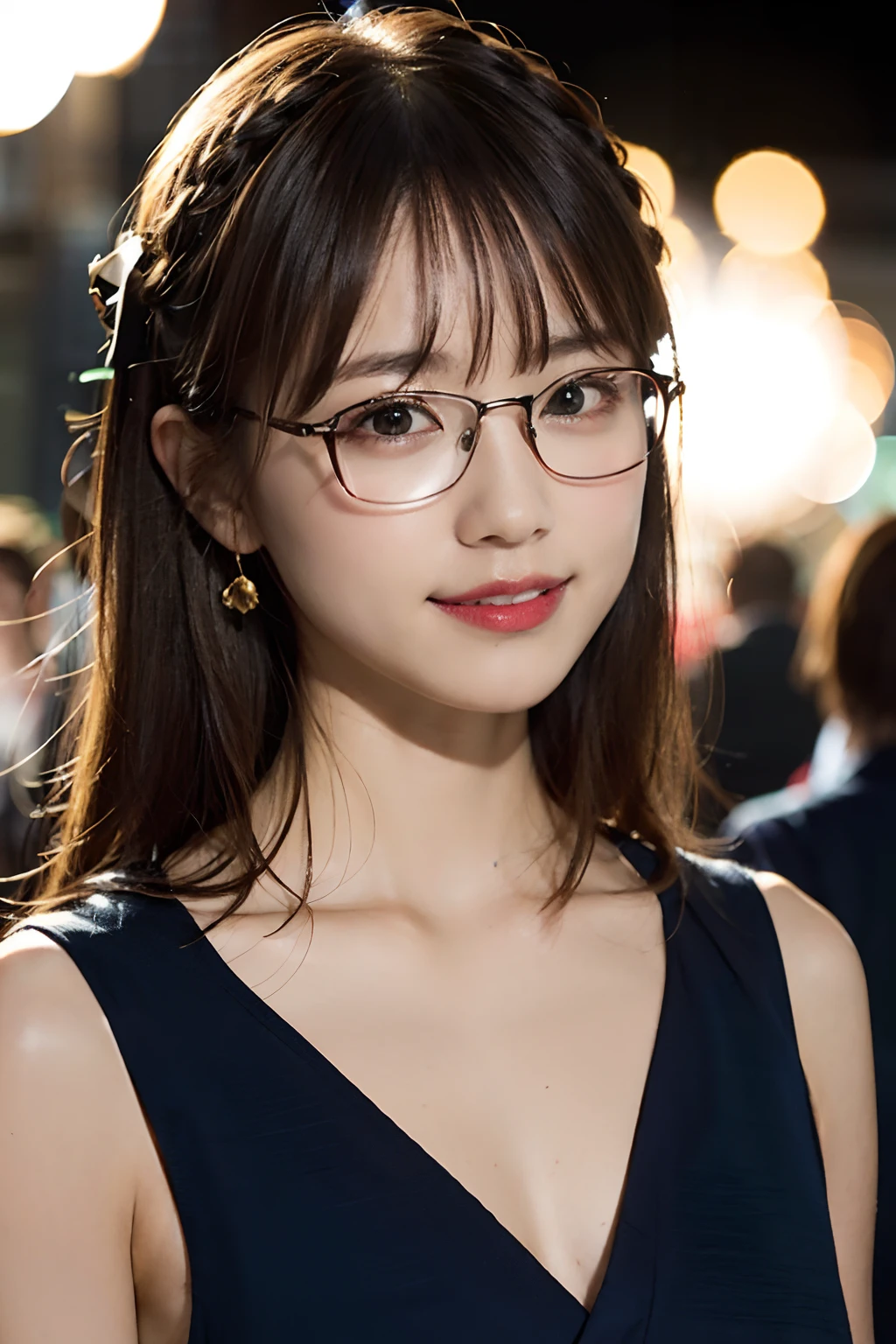 (8K、Raw photography、top-quality、masterpiece:1.2)、(realisitic、Photorealsitic:1.37)、ultra-detailliert、超A high resolution、1人、see the beholder、beautifull detailed face、A smile、Constriction、(Slim waist) :1.3)、Japanese Yukata、Beautiful detailed skin、Skin Texture、Floating hair、Braided bow hair、Professional Lighting、Fireworks Venue、Square glasses with black rimming、Whole human body、Brown hair
