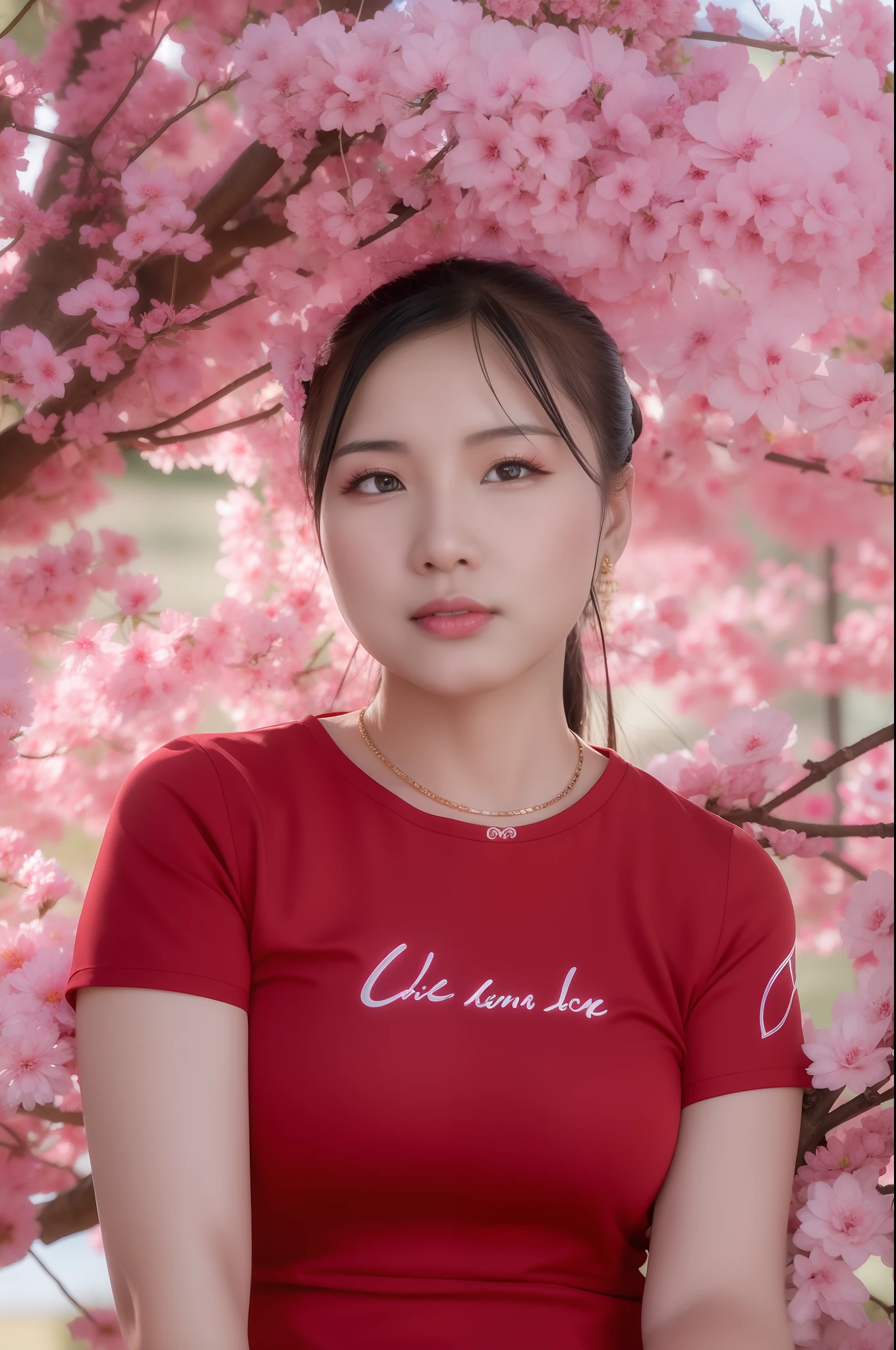 arafed woman in red shirt sitting under a tree with pink flowers, mai anh tran, dang my linh, inspired by Yao Tingmei, profile image, vietnamese woman, phuoc quan, ao dai, hoang long ly, xiang duan, qifeng lin, author li zhang, portrait image, xintong chen, qiu fang