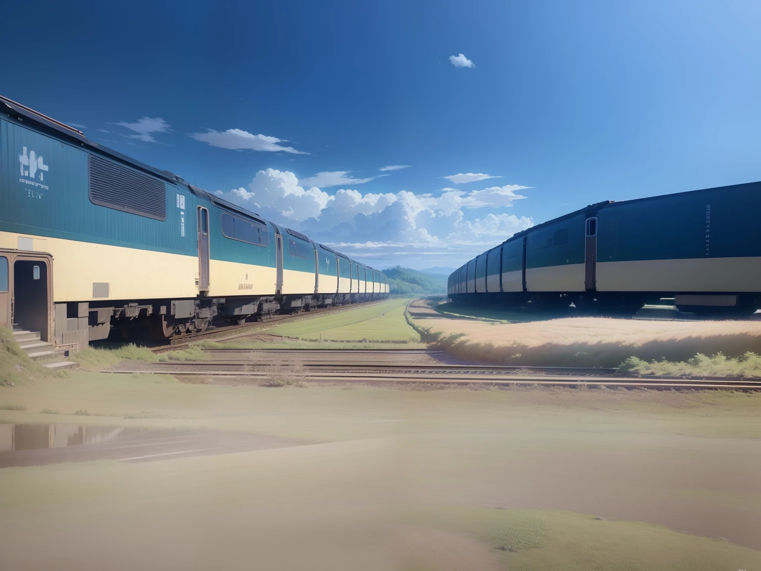 there is a train that is going down the tracks in the field, anime countryside landscape, made of tree and fantasy valley, scenery art detailed, beautifull puffy clouds. anime, detailed scenery —width 672, anime landscape wallpaper, anime landscape, studio ghibli landscape, 4k highly detailed digital art, amazing wallpaper, ross tran. scenic background, dreamy landscape
