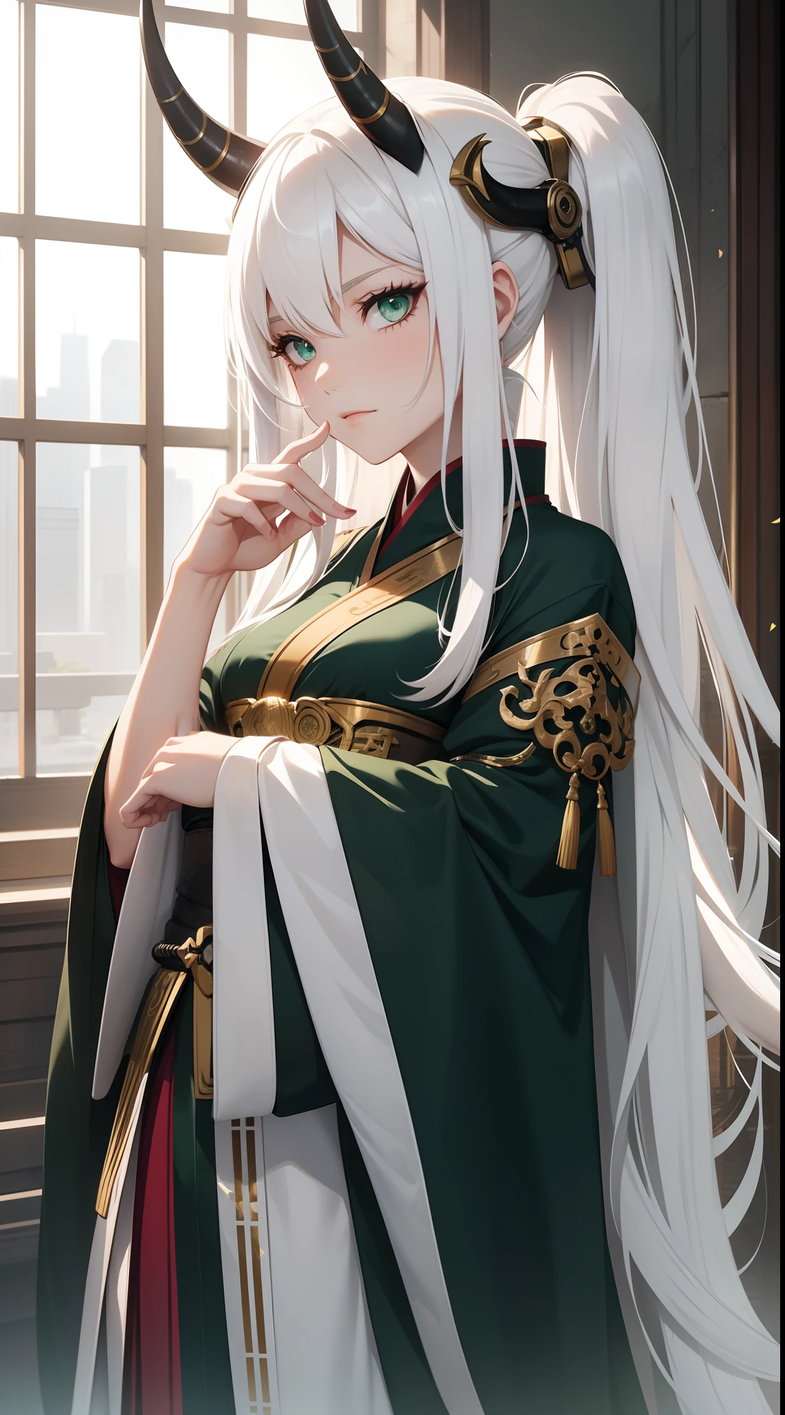 Adult girl, long white hair, green eyes, hanfu, open chest, smile, masterpiece, high quality