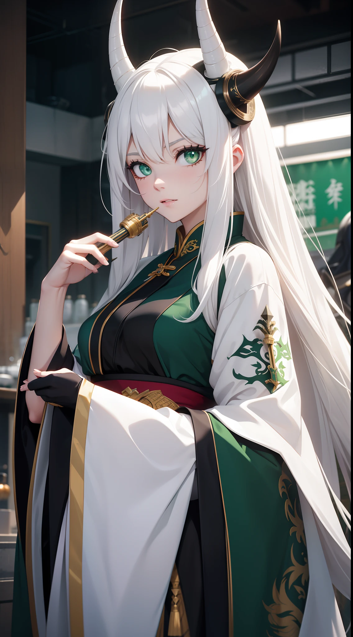 adult girl, Long white hair, Working with a horn, Green eyes, dragon tattoo, A cyborg, Hanfu, Masterpiece, hiquality