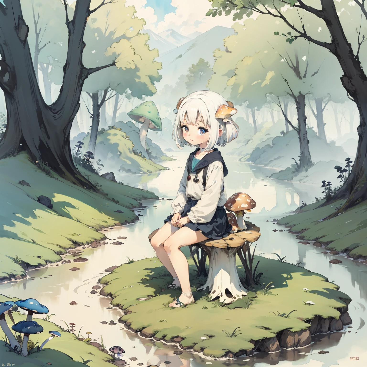 Explore the kingdom of psychedelic and fantasy mushrooms,Huge mushrooms,Watercolor illustration, Perfect anatomy, Masterpiece, Best quality, 1girll, li,elSolo, (with short white hair:1.2),Nature, landscape,tiny feet, Sit on mushrooms,Soar into the sky
