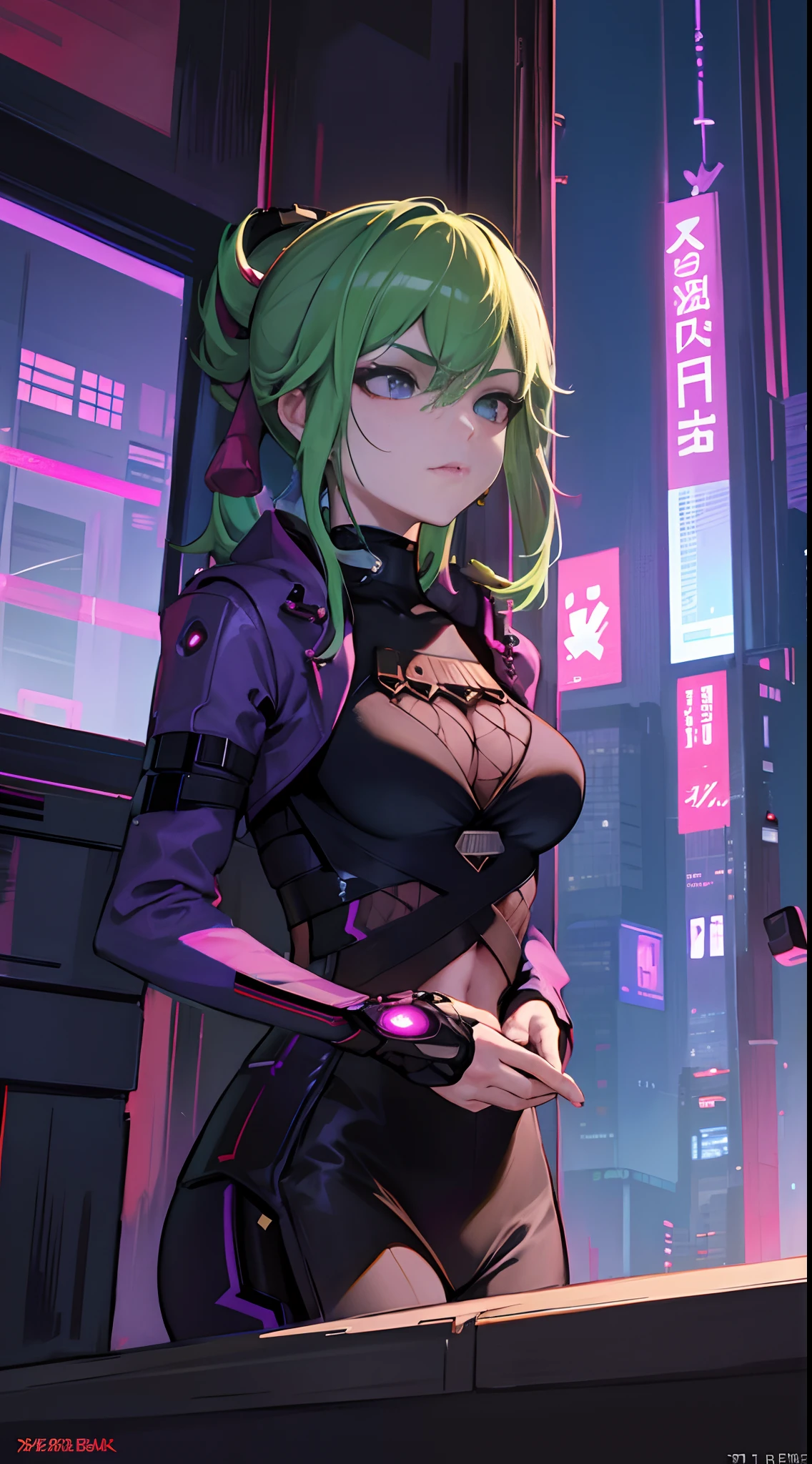 best picture quality, masterpiece, ultra-high resolution, (fidelity:1.4), Photograph,  Skin, ((personage cyberpunk)), Cyber Series, future, ((ultra realistic, awarded photograph))，（hyper-detail），（intricate detailed），（8k high resolution CGI artwork），A woman in，The cyberpunk living room of the future/bedroom/kitchen/balcony，Cyberpunk Urban Landscape Details。Style of the future，Available in many colors and LED lights..。The cityscape should be very detailed..，deep depth of field。Create depth with atmospheric light，Wide-angle lens showing room and window。Use atmospheric and volumetric lighting to enhance cityscape details..。The room should be illuminated with neon lights of the city scenery.., Textured pastel backgrounds, colourful, vibrant