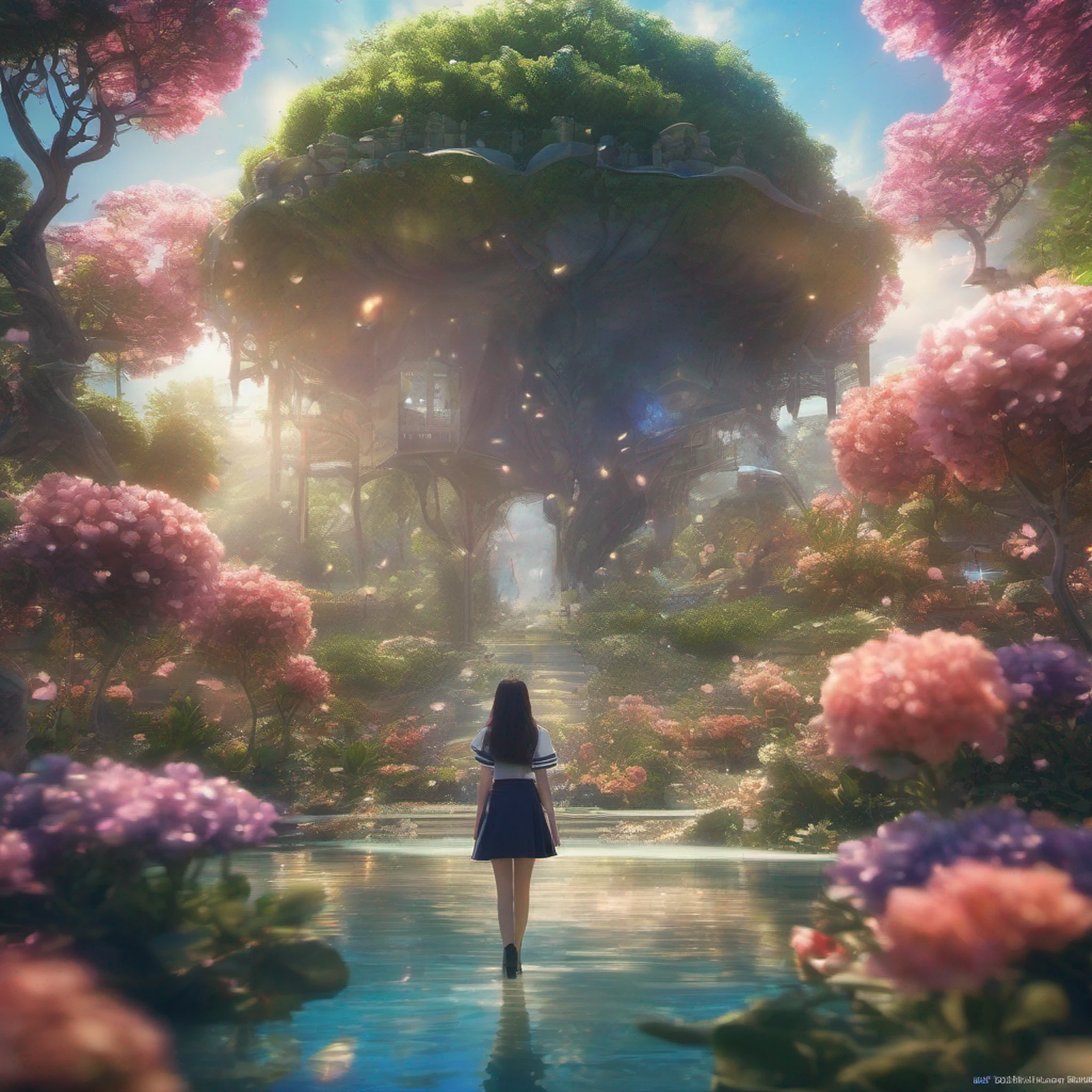 ccurate, best quality, masterpiece, UHD, high details, award winning, (Amazing:2.0), (Surrealism), Conceptual art, Verism, cinematic lighting, floating island in the sky, (((beautiful flower garden))), the garden floats in the sky, Horizon, blue sky, paradise scenery, flowers, wind flow, (((fantasy))), frontier, (magnificent space), blurry foreground, bokeh, Hasselblad, lens flare, beautiful school girl, (17 yr old), ((((full body)))), from behind, she moving, without looking at me, (((wearing school uniform))), black eyes, black hair, (floating hair), ((8 life size)), detailed hairstyles, detailed bodyline, anatomically correct, cute face, ((accurately portray her)),