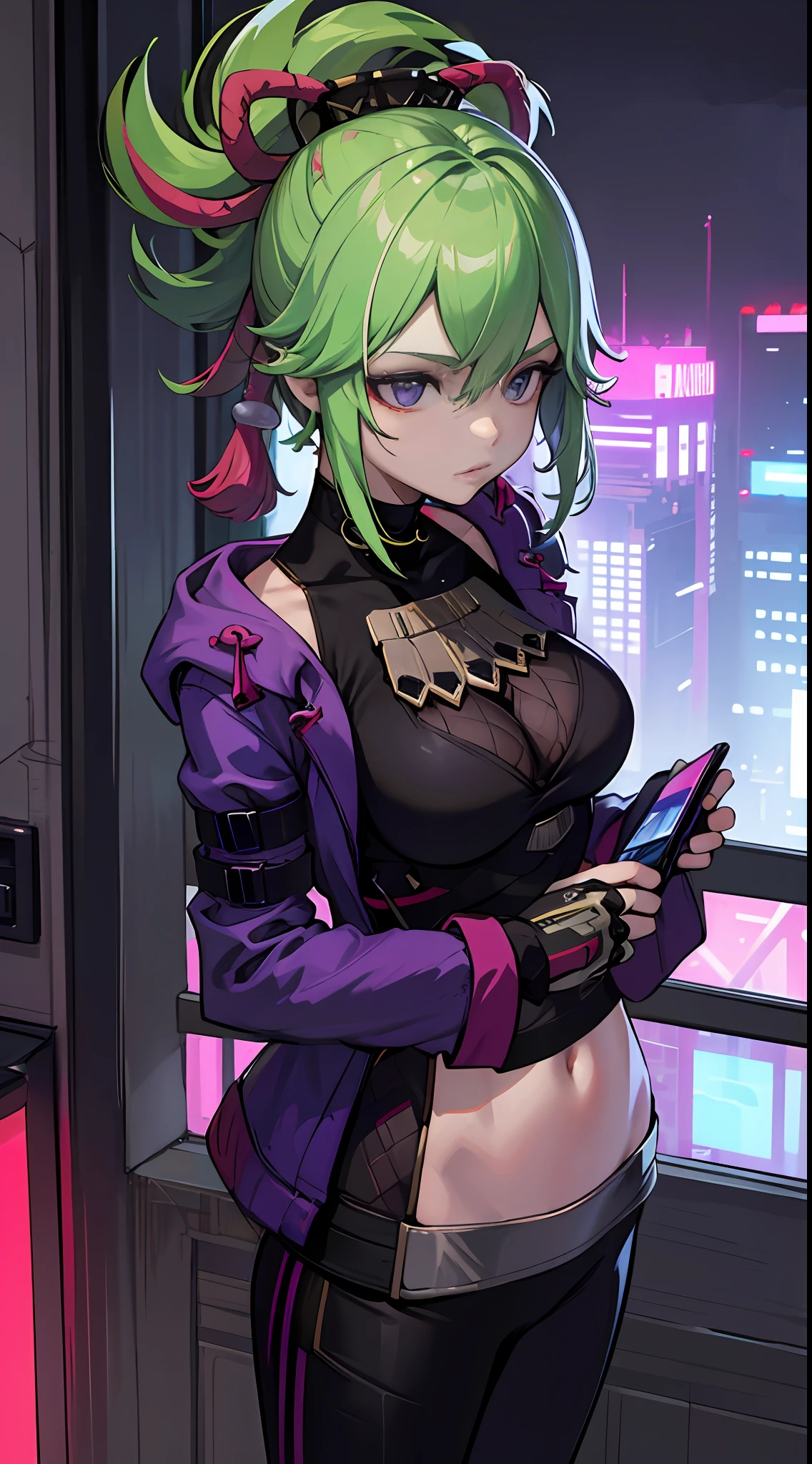best picture quality, masterpiece, ultra-high resolution, (fidelity:1.4), Photograph, Skin, ((personage cyberpunk)), Cyber Series, future, ((ultra realistic, awarded photograph)),(hyper-detail),(intricate detailed),(8k high resolution CGI artwork),A woman in,The cyberpunk living room of the future/bedroom/kitchen/balcony,Cyberpunk Urban Landscape Details。Style of the future,Available in many colors and LED lights..。The cityscape should be very detailed..,deep depth of field。Create depth with atmospheric light,Wide-angle lens showing room and window。Use atmospheric and volumetric lighting to enhance cityscape details..。The room should be illuminated with neon lights of the city scenery.., Textured pastel backgrounds, colourful, vibrant