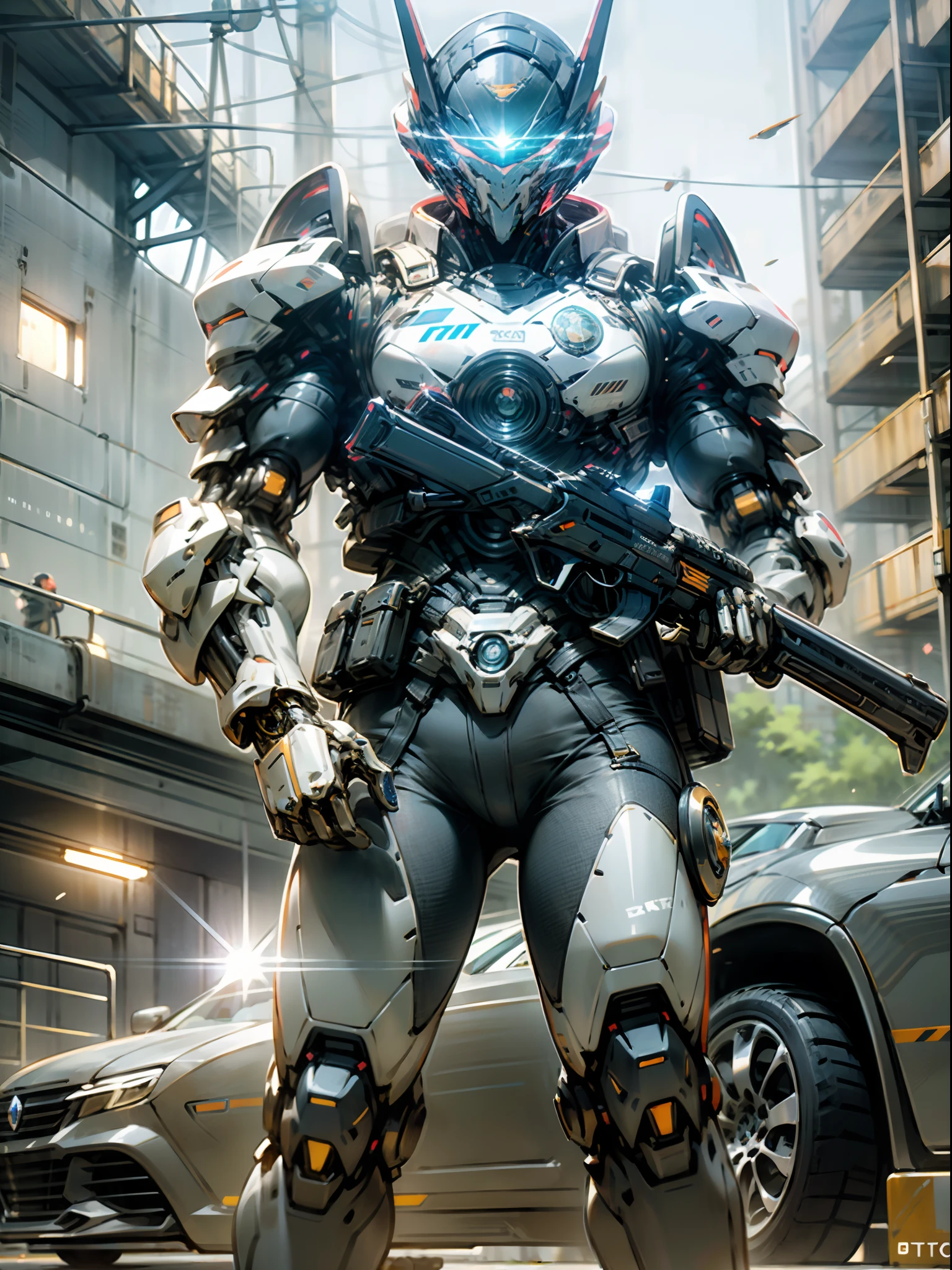 Mechanical police judge standing in front of police car，(Futuristic police car)，Police badge，Armed with a police gun，Highly complex armor，hyper realisitc， rendering by octane，（tmasterpiece，best qualtiy），Ultra-detailed 8K，realisticlying，Clear focus，highly  detailed，profesional lighting，（lens flare glow：1.2），
