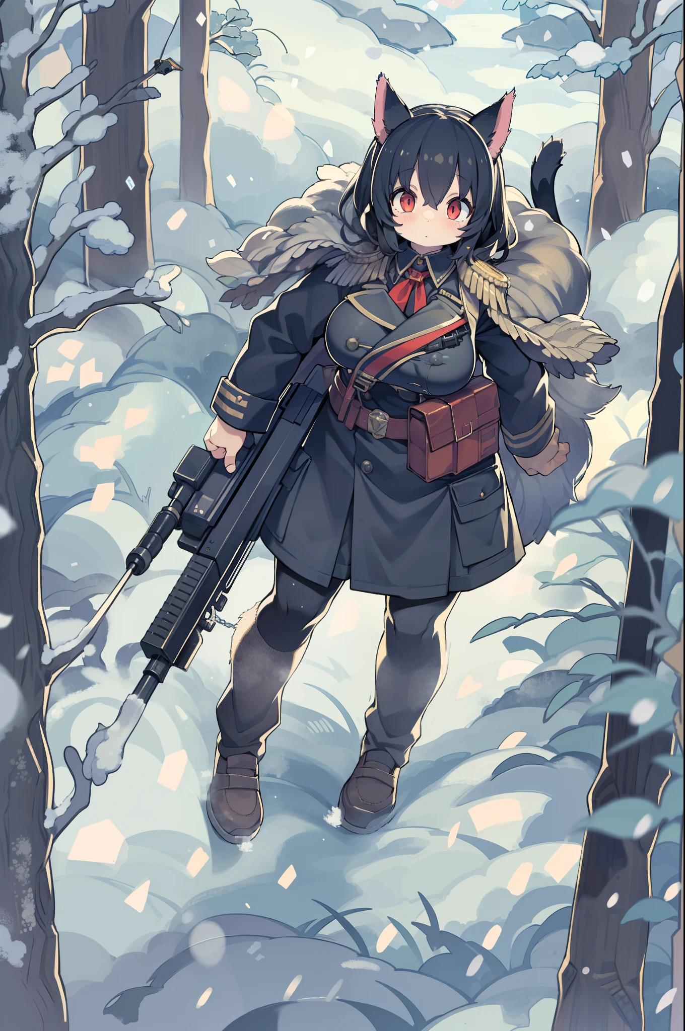 snowy forest, Black hair, Cat ears, Cat Girl, Red Eyes, As I ran, Nazi officer uniform, Nazi, Germany, Black Officer Uniform,huge-breasted、Giant Sniper Rifle、From the top、Overhead view