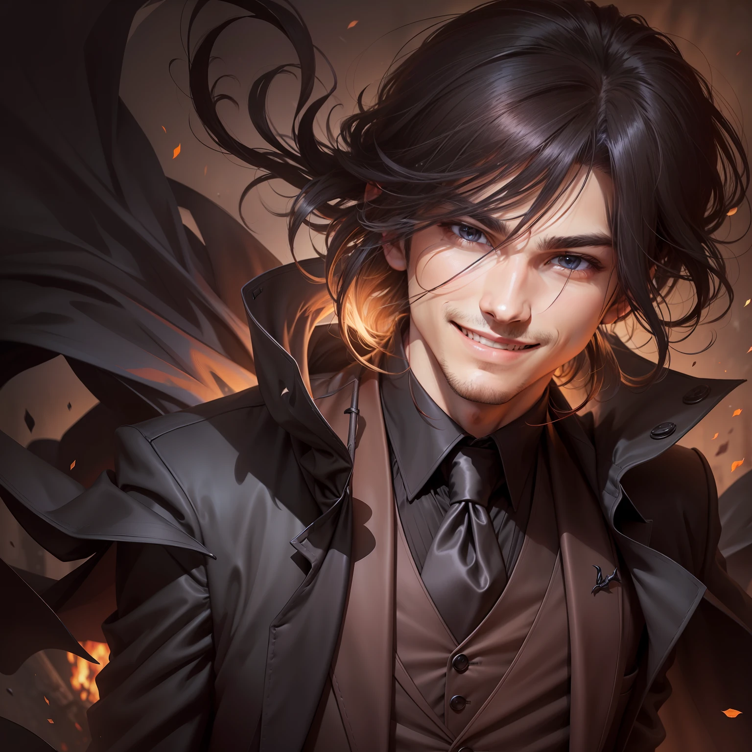 Business suit, black necktie,  he is smiling, simple cartoon,smiling male, tailcoat, The Dark Mage，darkly，wind coat，cloaks、brunette color hair，Floating staff