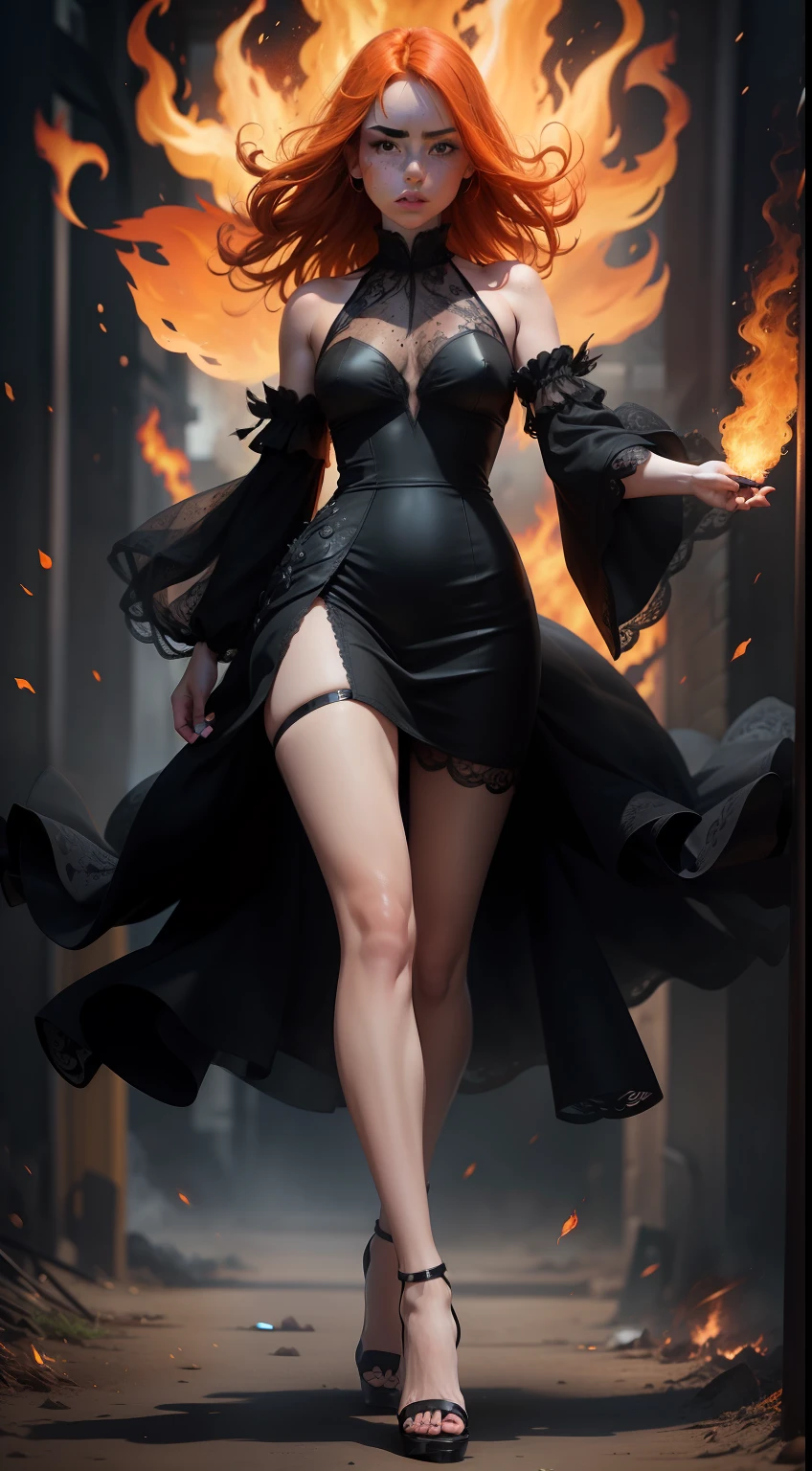 Ginger girl with freckles, black lacy dress, looking fierce, flames swirling around her, full body, black high heels