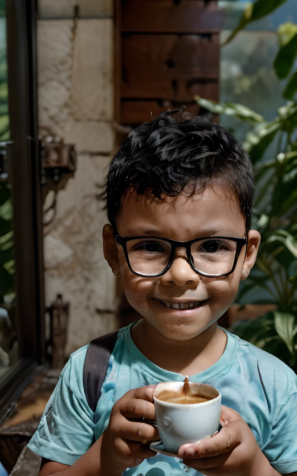loranerdinho1, Imagem (((circunstanciado))), (((rosto detalhado))), Imagine a serene café environment where a happy 3--old , with black hair and glasses, senta-se em paz, Enjoying your coffee. Behind him, There's a (((banner que diz "GOOD SATURDAY,"))) oferecendo desejos calorosos para um "GOOD SATURDAY" In Portuguese. The atmosphere is calm and inviting, bathed in the soft glow of the morning sunlight seeping through the window. It's a quiet scene that beautifully embodies the essence of a perfect Saturday morning., fotografia, tipografia