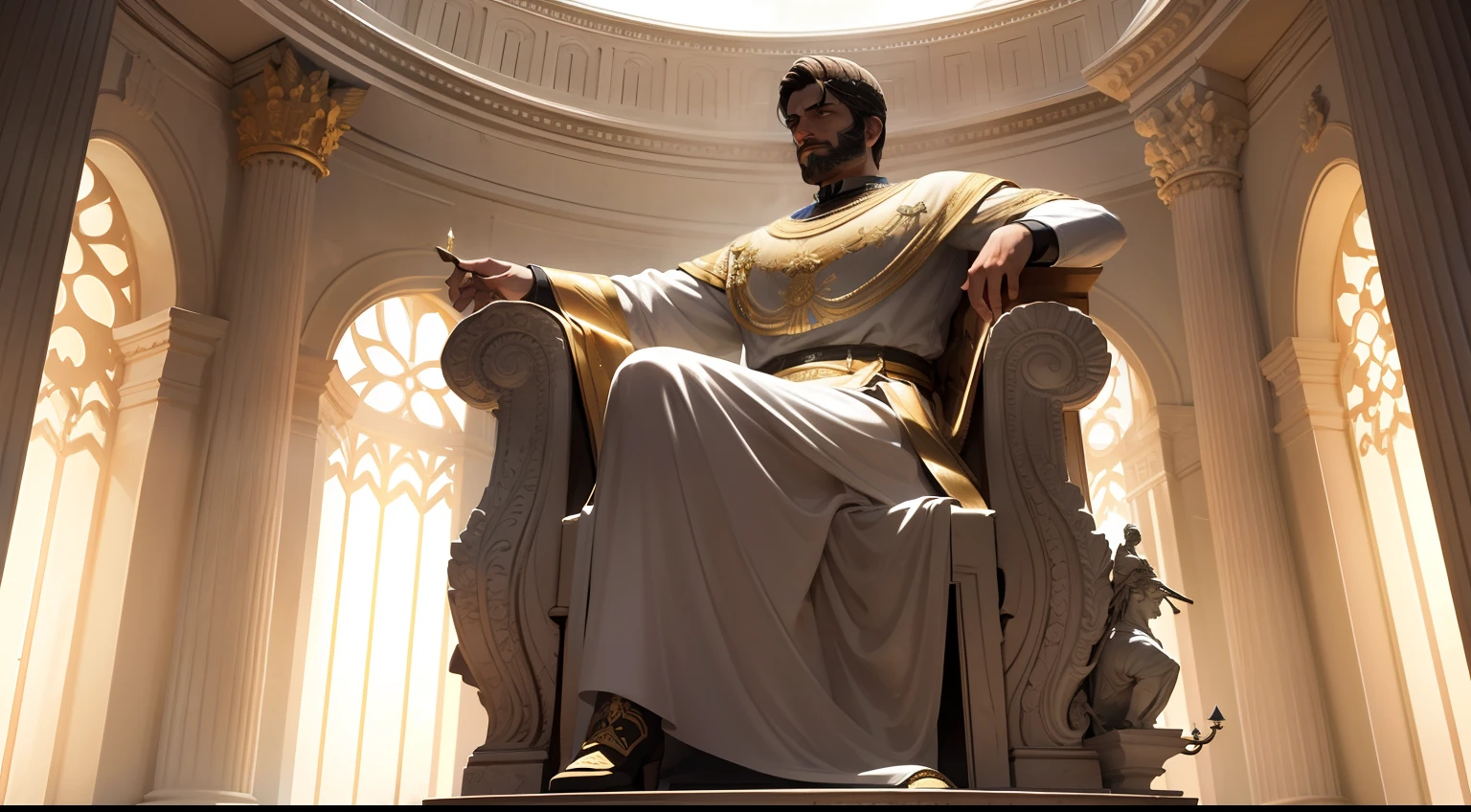 Imperador romano poderoso, detalhes ultra-realistas em CG, impeccable quality, lighting dramatic, sombra intensa, majestic statue of emperor, vestimentas reais, grandiose scenery, monumentos imponentes, starly sky, atmosfera misteriosa.