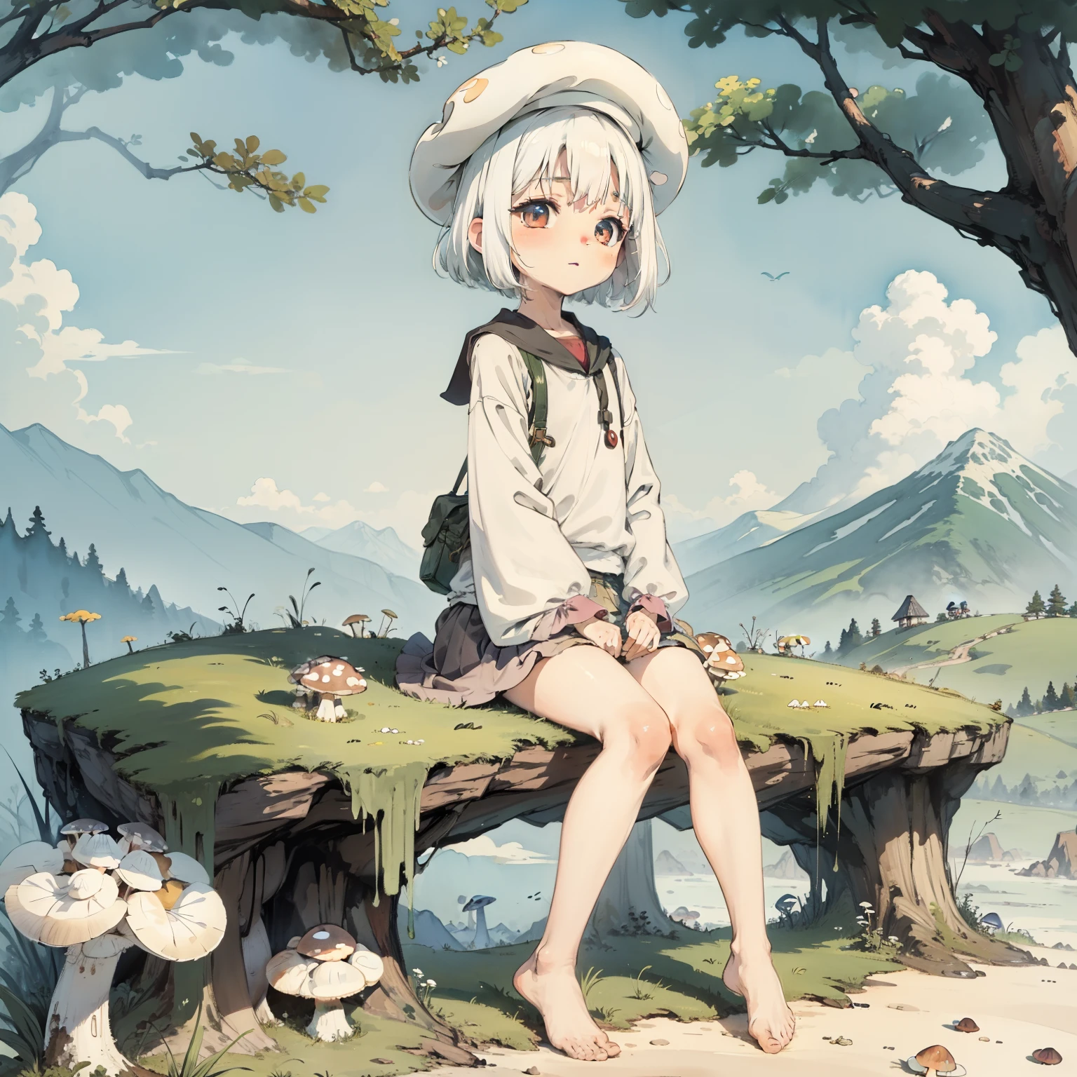 Explore the kingdom of psychedelic and fantasy mushrooms，Huge mushrooms，Watercolor illustration, Perfect anatomy, Masterpiece, Best quality, 1girll, li,elSolo, (with short white hair:1.2),Nature, landscape，tiny feet, Sit on mushrooms，Soar into the sky