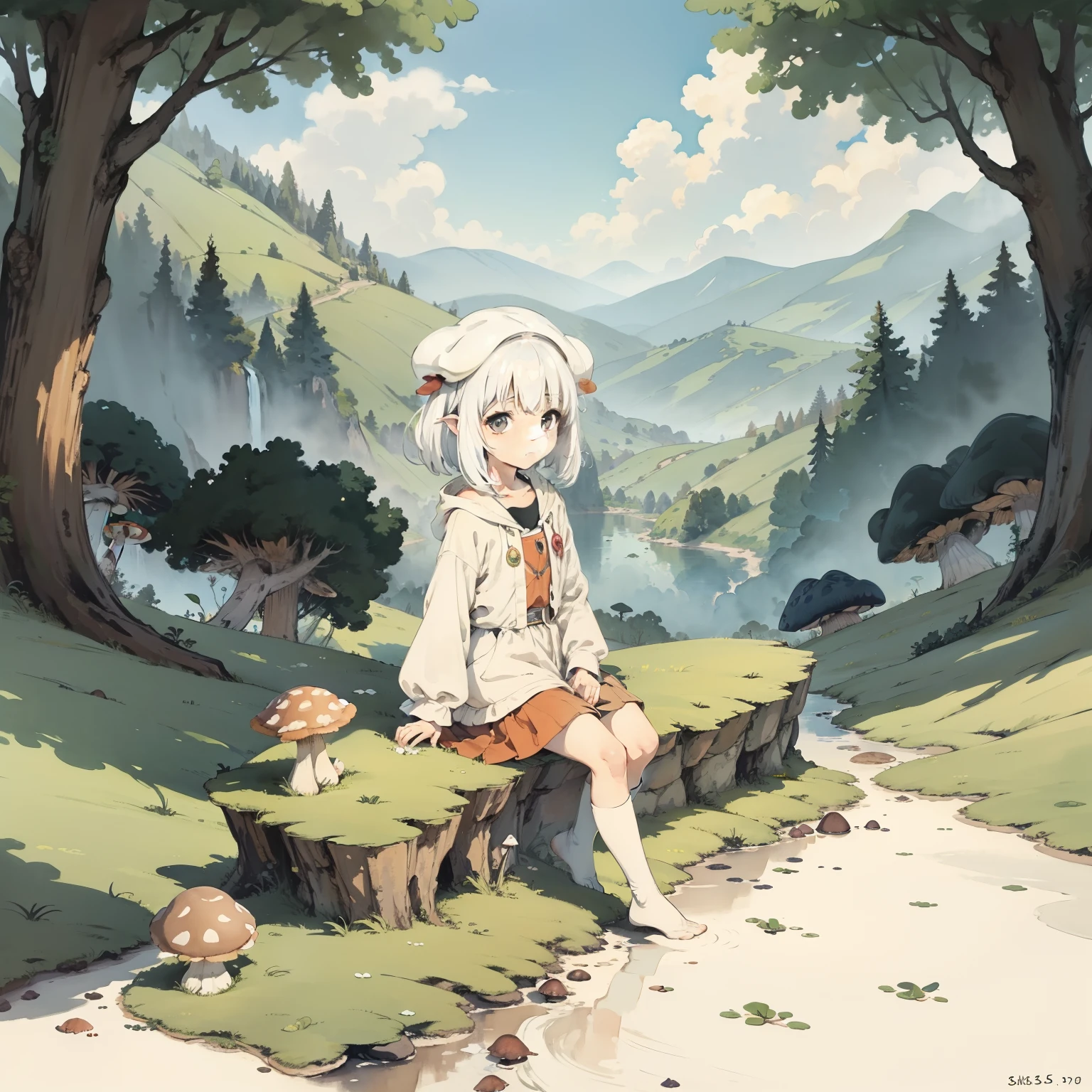 Explore the kingdom of psychedelic and fantasy mushrooms,Huge mushrooms,Watercolor illustration, Perfect anatomy, Masterpiece, Best quality, 1girll, Loli,elementary student, Solo, (with short white hair:1.2),Nature, landscape,tiny feet, Sit on mushrooms,Soar into the sky