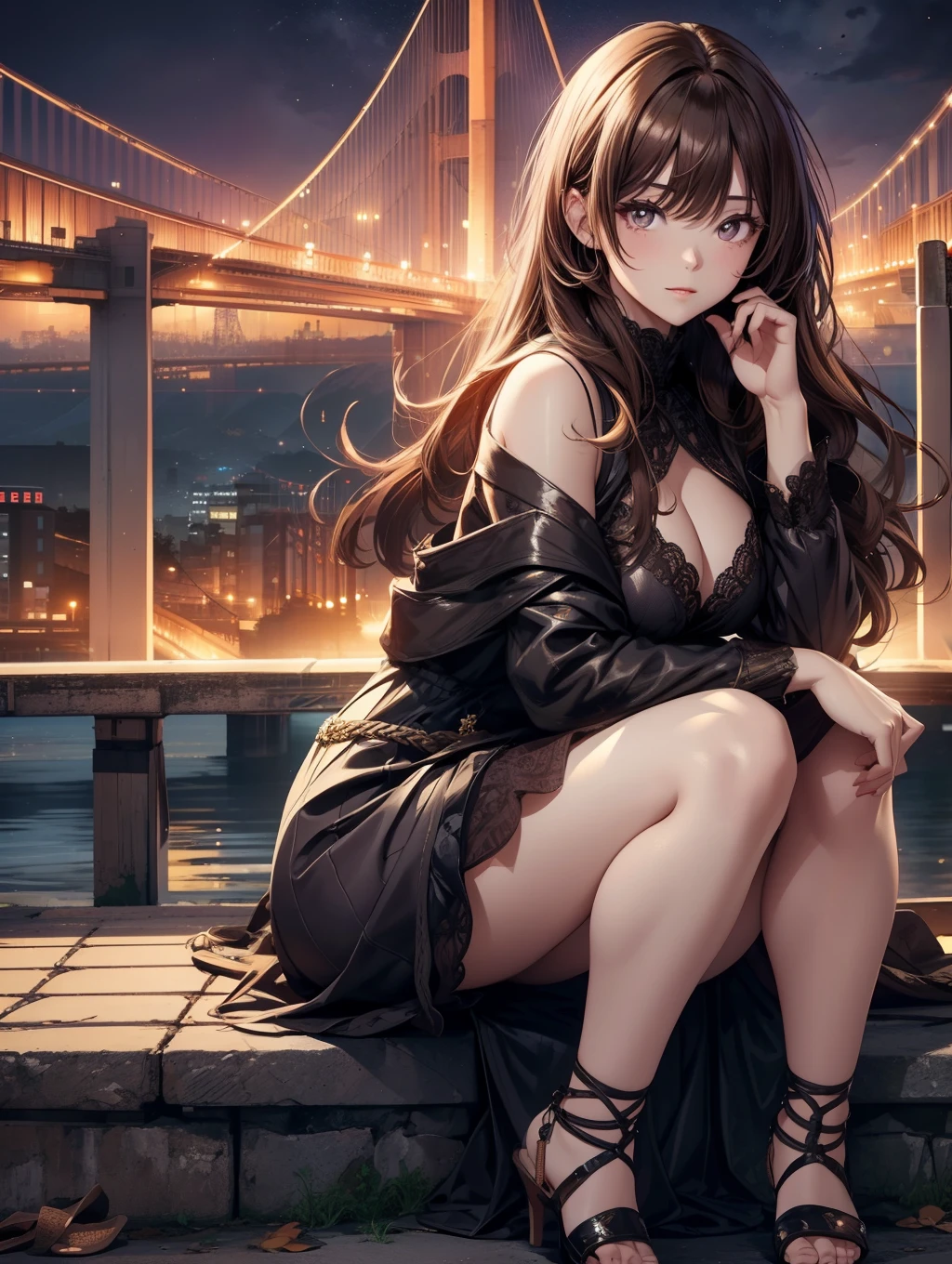 Best Quality, masutepiece, beautiful mature women、Beautiful face、Strong-minded woman、brown haired、Brown-eyed、Medium Long Hair、nighttime scene、View of the large suspension bridge、Full body like、Undersized eyes