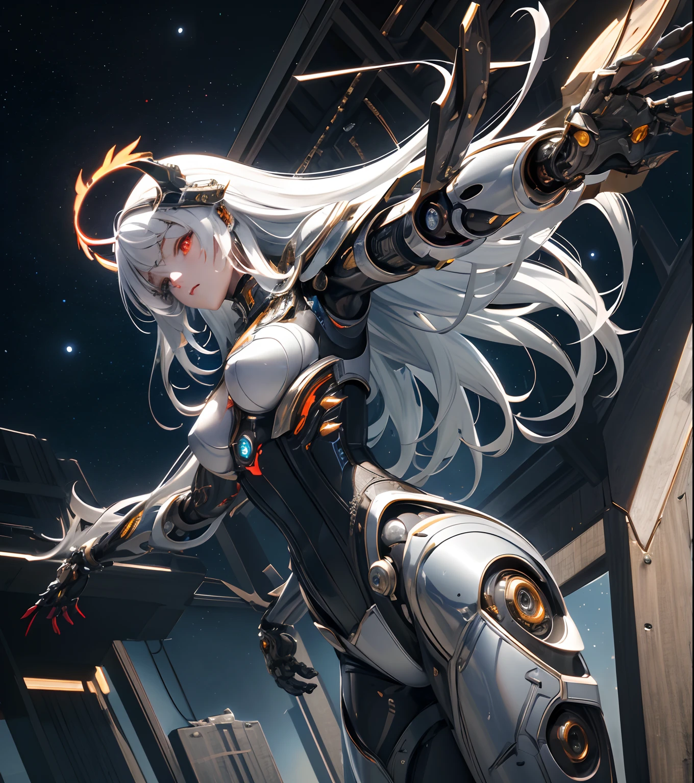 Exoskeleton mech,afofuturism,Gold and red theme style,offcial art,Unity 8k wallpaper,Hyper-detailing,Master masterpieces,,Best quality at best,A woman who is,(The is very detailed),(RAW photos,best qualtiy),(Realistis,realisticlying:1.3),High- sharpness,Open Your Mouth Lightly,Ultra detailed complex 3D rendering of the face,Mecha back,(highly detailedskin:1.2),),Beautiful Caucasian Woman,Soft breasts and fair skin ,Black color hair,eBlue eyes,long whitr hair,,dynamic angle,Mysterious expressions,fire glow effect,Fantasy background,edge lit,Side brightness,cinematric light,hyper HD,8K,filmgrain,Best shadow,light particules,detailed skin textures,Detailed jewel armor texture,detailed face with,with intricate detail,ultra - detailed,brightly,sturdy,Silver armor,,Slender abs, have glowing weapons,Mecha shield,pole,(Beautiful huge mech crown with details)),shinning eyes,long cape,fanciful,,,,,(Realistis),