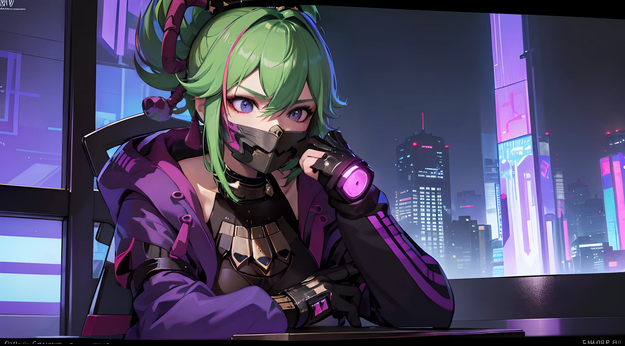 best picture quality, masterpiece, ultra-high resolution, (fidelity:1.4), Photograph,  Skin, ((Cyberpunk characters)), Cyber Series, future, ((ultra realistic, awarded photograph))，（hyper-detail），（intricate detailed），（8k high resolution CGI artwork），A woman in，The cyberpunk living room of the future/bedroom/kitchen/balcony，Cyberpunk Urban Landscape Details。Style of the future，Available in many colors and LED lights...。The cityscape should be very detailed...，deep depth of field。Create depth with atmospheric light，Wide-angle lens showing room and window。Use atmospheric and volumetric lighting to enhance cityscape details...。The room should be illuminated with neon lights of the city scenery..., Textured pastel backgrounds, colourful, vibrant