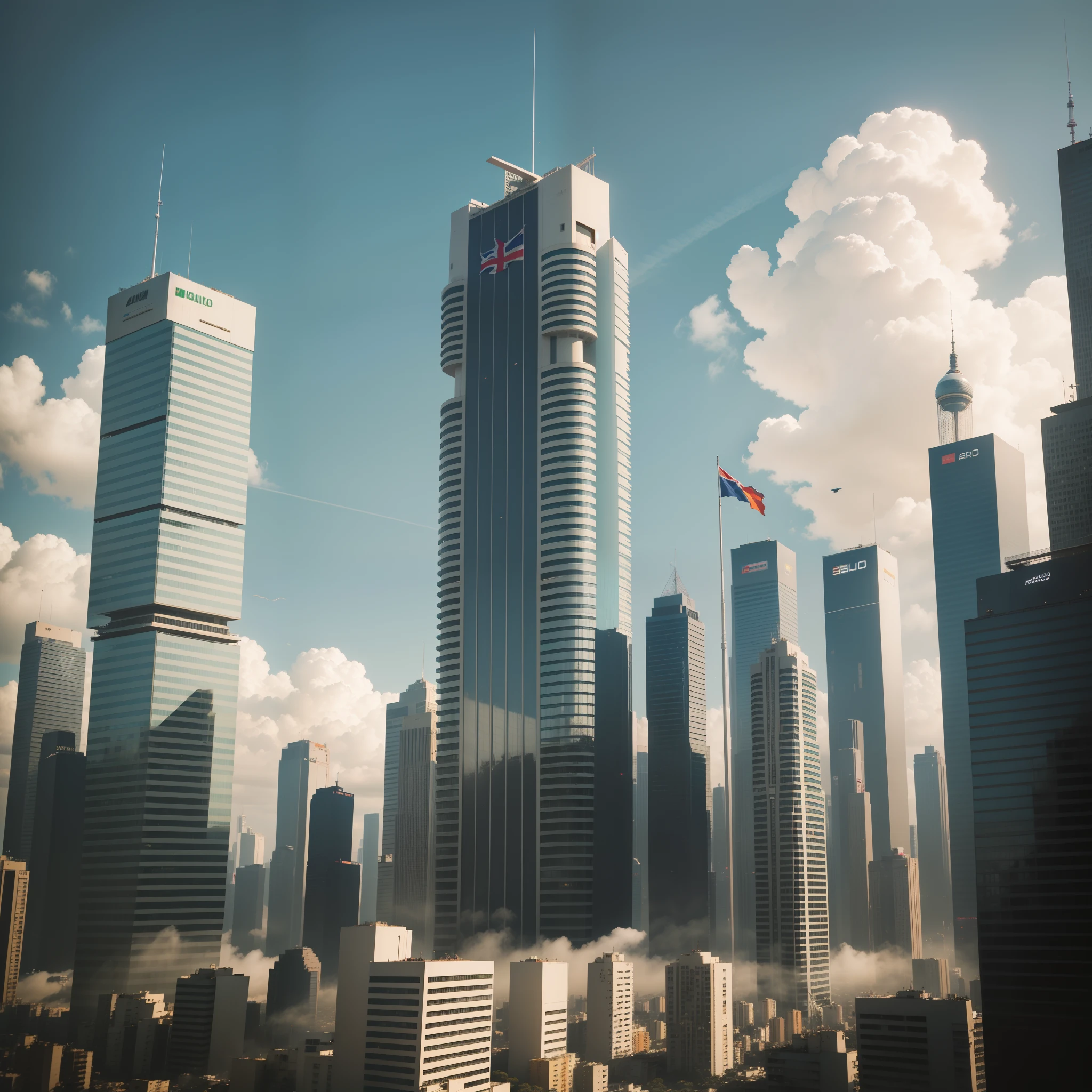arafed view of a city with tall buildings and a brazilian flag flying in the air, sao paulo in the year 2 0 7 0, futuristic sao paulo, brazilian flag in roof top , in sao paulo, inspired by Antônio Parreiras, brazil, inspired by João Artur da Silva, sao paulo, São Paulo, realistic, 3D , future