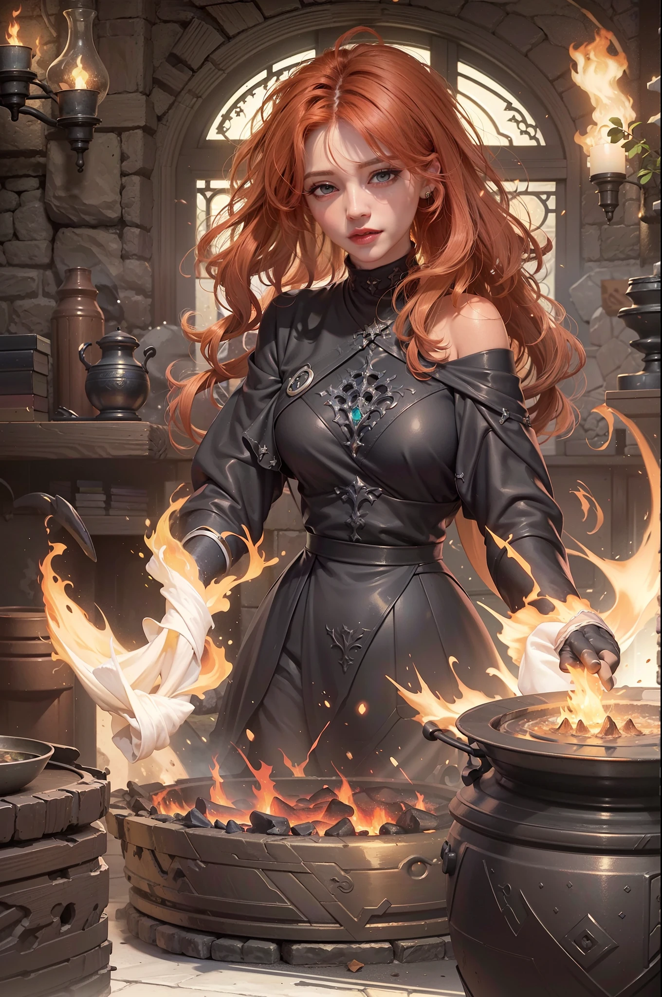 high details, best quality, 16k, RAW, [best detailed], masterpiece, best quality, (extremely detailed), full body (best details, Masterpiece, best quality), , ultra wide shot, photorealistic, fantasy art, RPG art, D&D art, a picture of a woman, witch brweing dark matter over big cauldron in the fire place, middle aged woman  (best details, Masterpiece, best quality), exquisite beautiful woman (best details, Masterpiece, best quality), ultra detailed face (best details, Masterpiece, best quality), evil grin, red hair, long hair, wavy hair, dynamic eye color, pale skin, black dress (best details, Masterpiece, best quality), wearing black boots, large boilng cauldron, black cauldron, green mists GlowingRunes_green, coming from cauldron, a stove, middles ages house background, dim fire light, High Detail, Ultra High Quality, High Resolution, 16K Resolution, Ultra HD Pictures, 3D rendering Ultra Realistic, Clear Details, Realistic Detail, Ultra High Definition Waiting to start