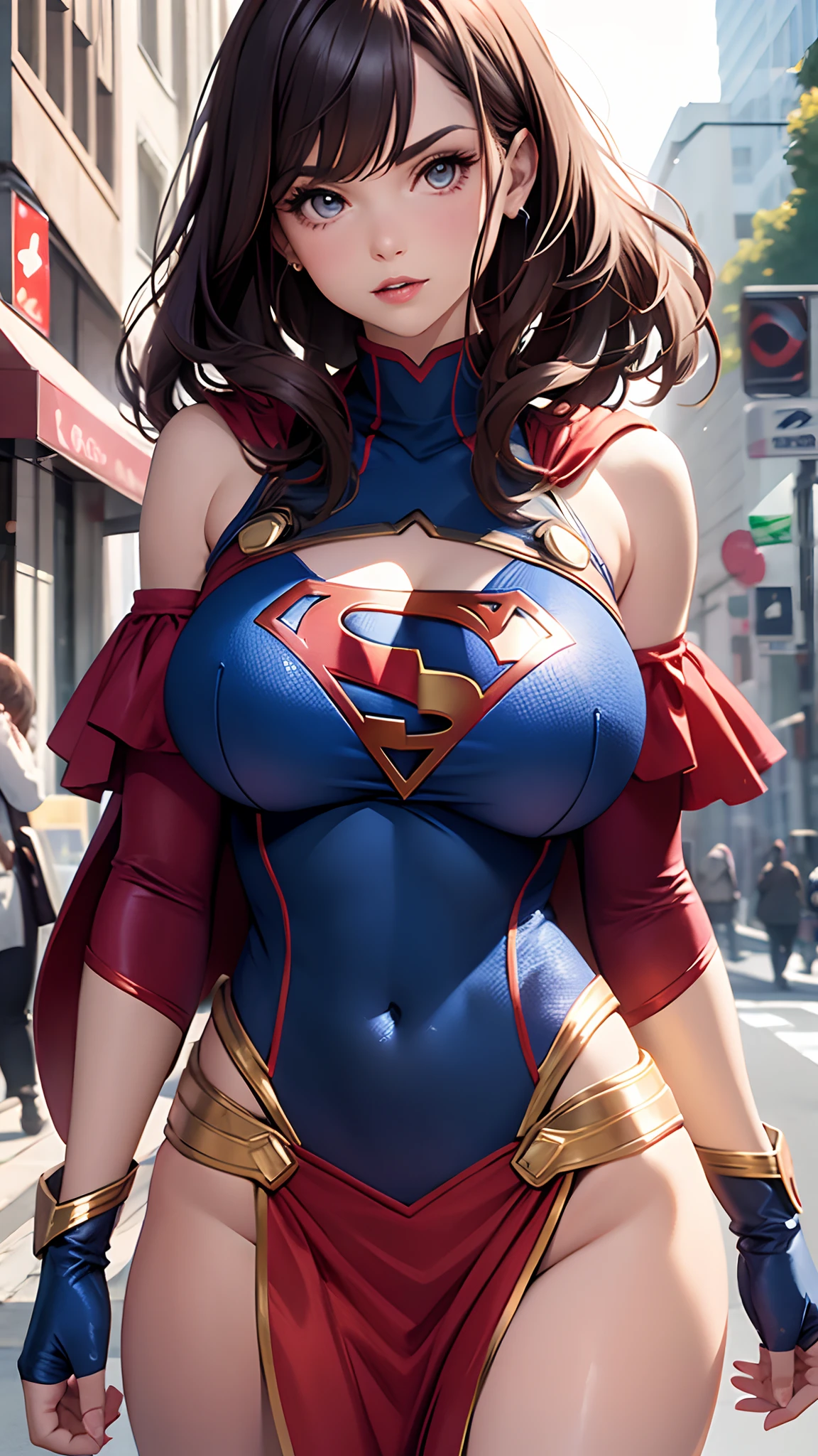 Woman body set big breasts,Supergirl costume dress,Cut clothes,Close-up,Off-the-shoulder attire,Charming,perfect bodies,the street,nabel,Abdominal vest line,brunette color hair