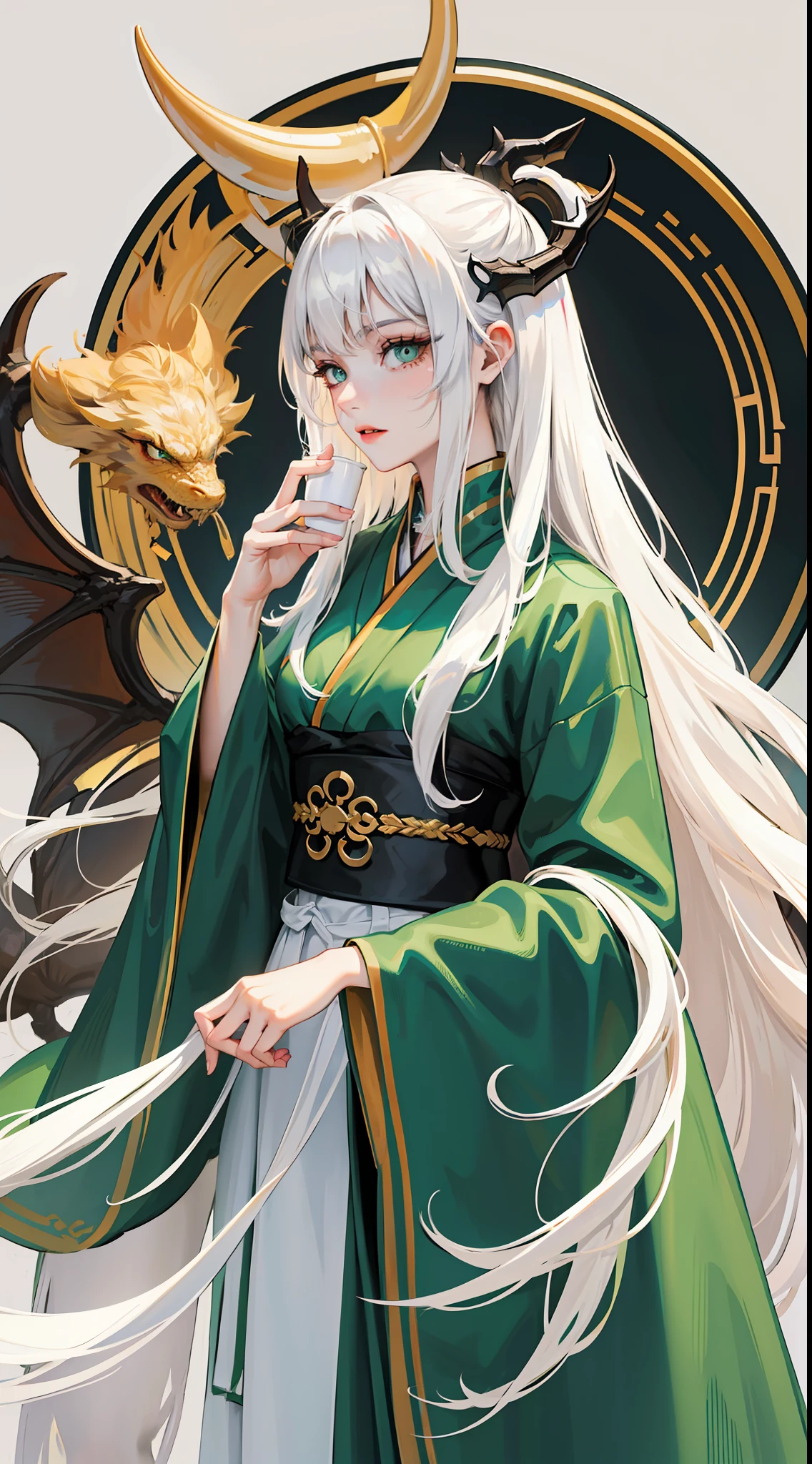 adult girl, Long white hair, Working with a horn, Green eyes, dragon tattoo, A cyborg, Hanfu, Masterpiece, hiquality