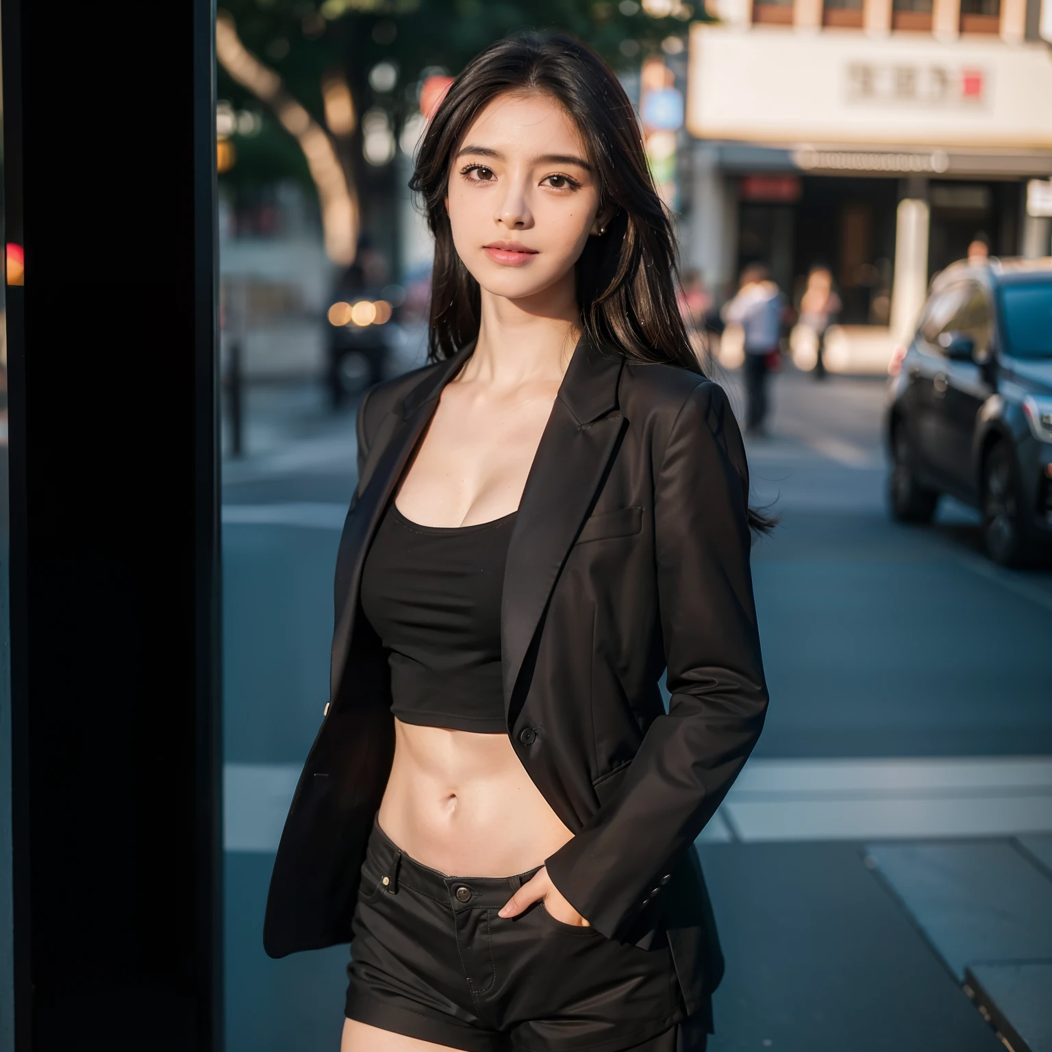 melhor qualidade, obra-prima, 1girl, rosto bonito, (foto realista: 1.3), rim lighting, (pele altamente detalhada: 1.2), 8k uhd, dslr, alta qualidade, alta resolução, 4k, 8k, Bokeh, absurdres, best proportion four fingers and one thumb, (realista: 1.3), bonito 1girl, vestindo blazer formal rosa, middlebreasts, saia longa.