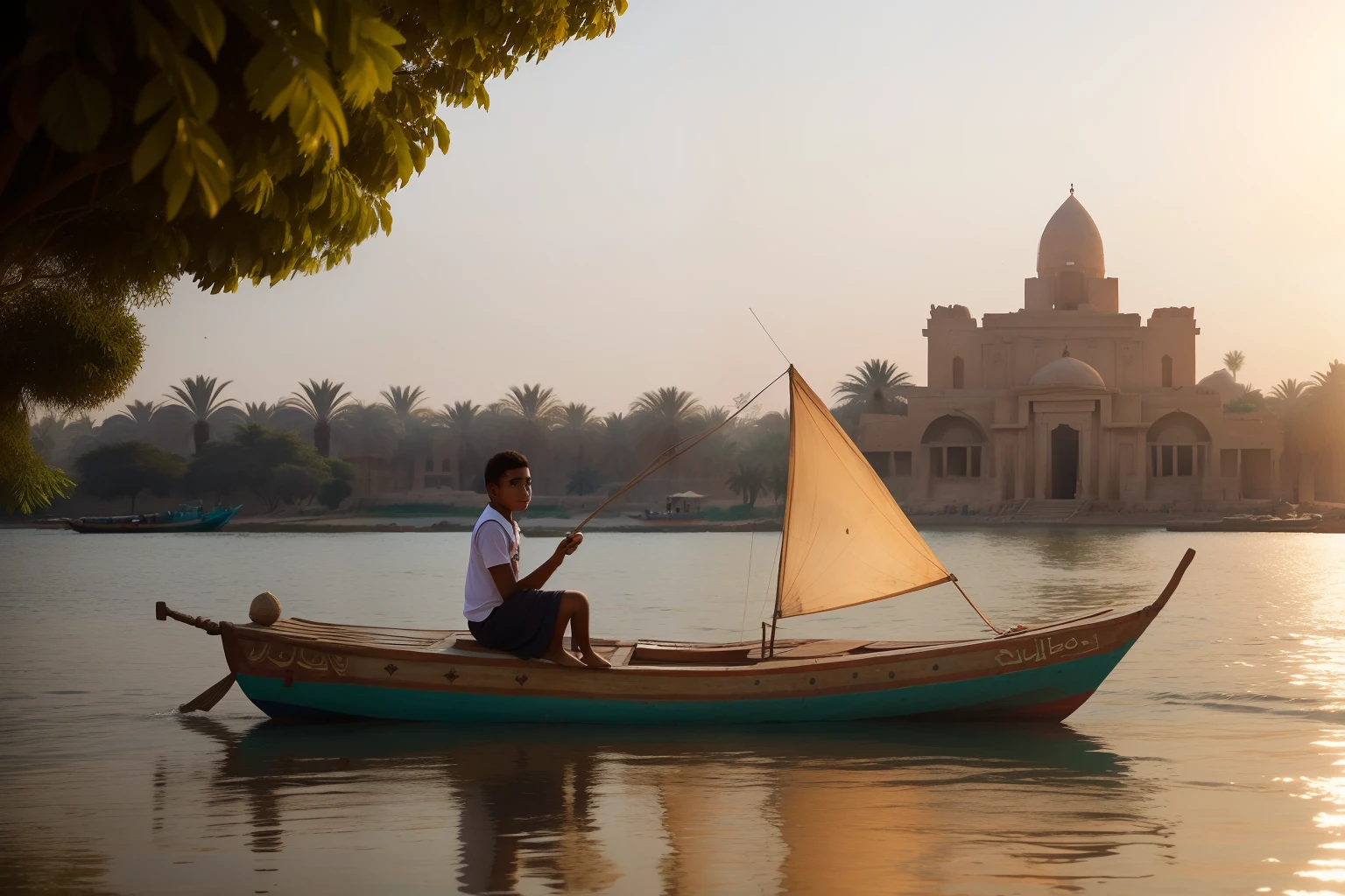 Date: 2015
Country: Egypt
Description: A ager confidently steers a felucca sailboat along the Nile River, with ancient temples and lush landscapes providing a serene and picturesque setting.