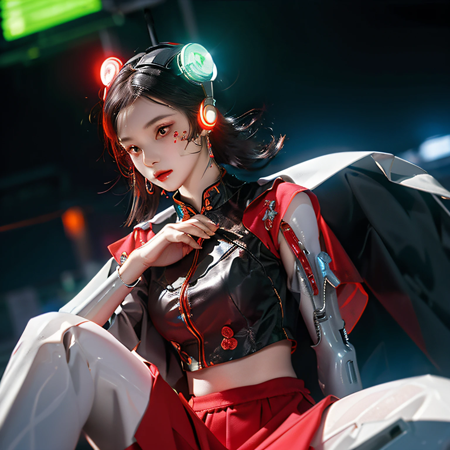 1 girl, Chinese_clothes, metallic black titanium and crimson, cyberhan, cheongsam, cyberpunk city, dynamic pose, detailed luminescent headphones, luminous hair accessories, long hair, luminous earrings, glowing necklace, cyberpunk, high-tech city, full of mechanical and futuristic elements, futurism, technology, glowing neon, red, red light, sexy skirt, transparent black cape, laser light, digital background city sky, big moon, with vehicles, best quality, masterpiece, 8K, Character edge light, super high detail, high quality, the most beautiful woman in human beings, smile, face facing forward and left and right symmetry, ear corner decoration, long antenna glow, beautiful pupils, light effects, visualization data, silver-red-orange hair dyed hair, ultra-detailed facial texture, happy, weapon system, crowded street passers-by, mecha style, wearing a luminous antenna on the head, deep eyes, girly sitting posture