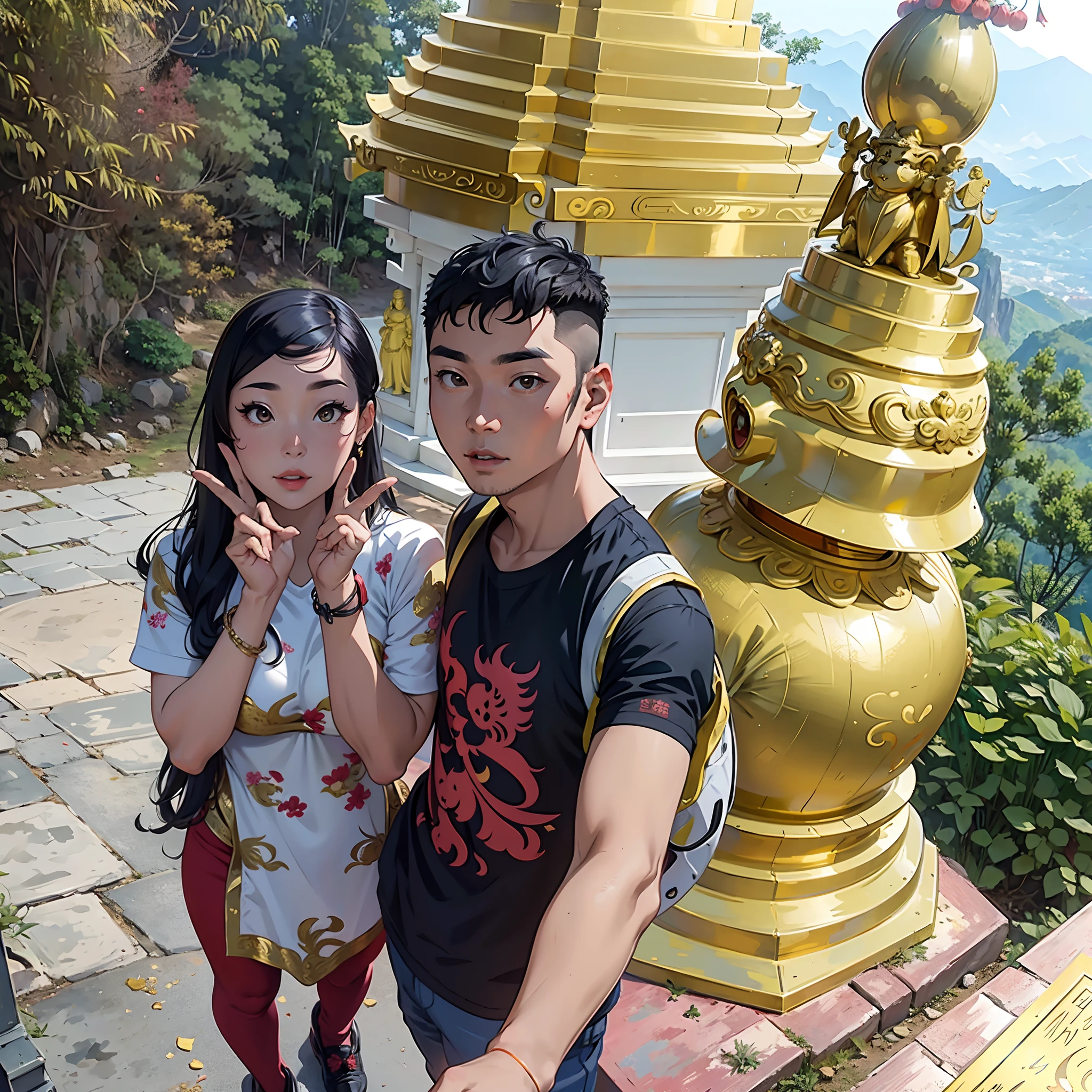 there are two people standing next to a golden statue, with a chinese temple, in mountains, in a temple, couple, taken on go pro hero8, pagoda, lovely couple, with many travelers, dang my linh, on a mountain, with radiating hill, in jungle forest peak, nivanh chanthara, in front of a temple