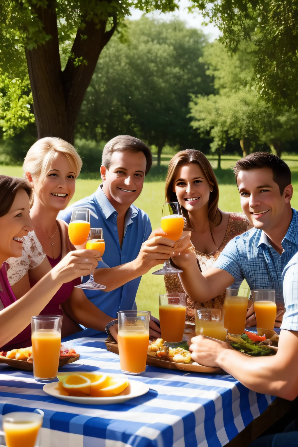 Friends Toasting at Countryside Gathering - Group of friends standing, toasting with orange juice at picnic table