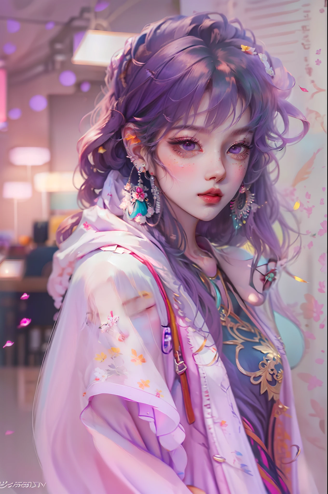 anime girl with purple hair and earrings looking at the camera, whole body view, kawaii realistic portrait, fashion sexy cloth, bearly wear clothe, artwork in the style of guweiz, detailed portrait of anime girl, anime style. 8k, anime realism style, detailed digital anime art, beautiful anime portrait, realistic anime artstyle, 🤤 girl portrait, anime style portrait, 8k high quality detailed art, digital anime illustration
