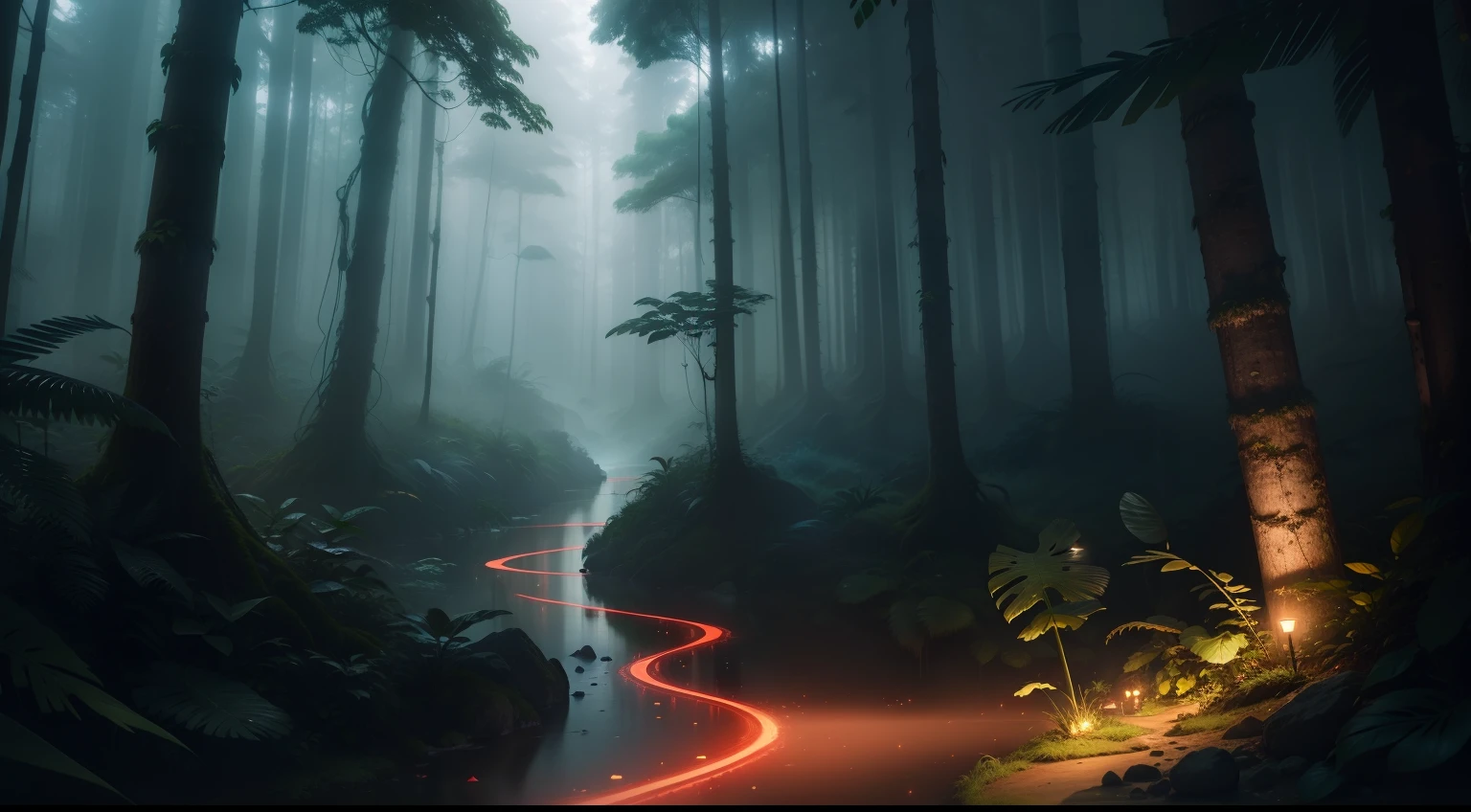 In the rainforest valley,A vertical strip of luminescence,Red,fog atmosphere,soggy,Ultra HD details, clay sculpture, Extreme composition, Extreme perspective, HD details,8k --ar 3:450--v5.2 --s 2