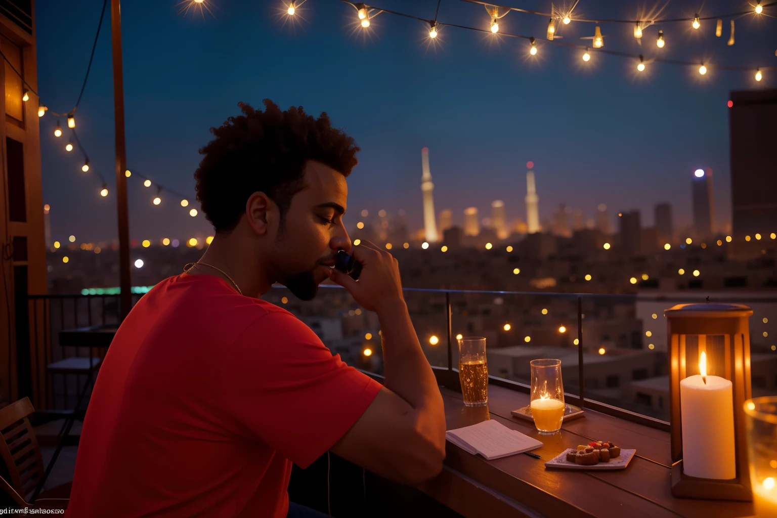 Date: 2021
Country: Egypt
Description: An adult attends a rooftop jazz night in Cairo, surrounded by fairy lights and the city's skyline, immersing in the sounds of music and the vibrant urban atmosphere.