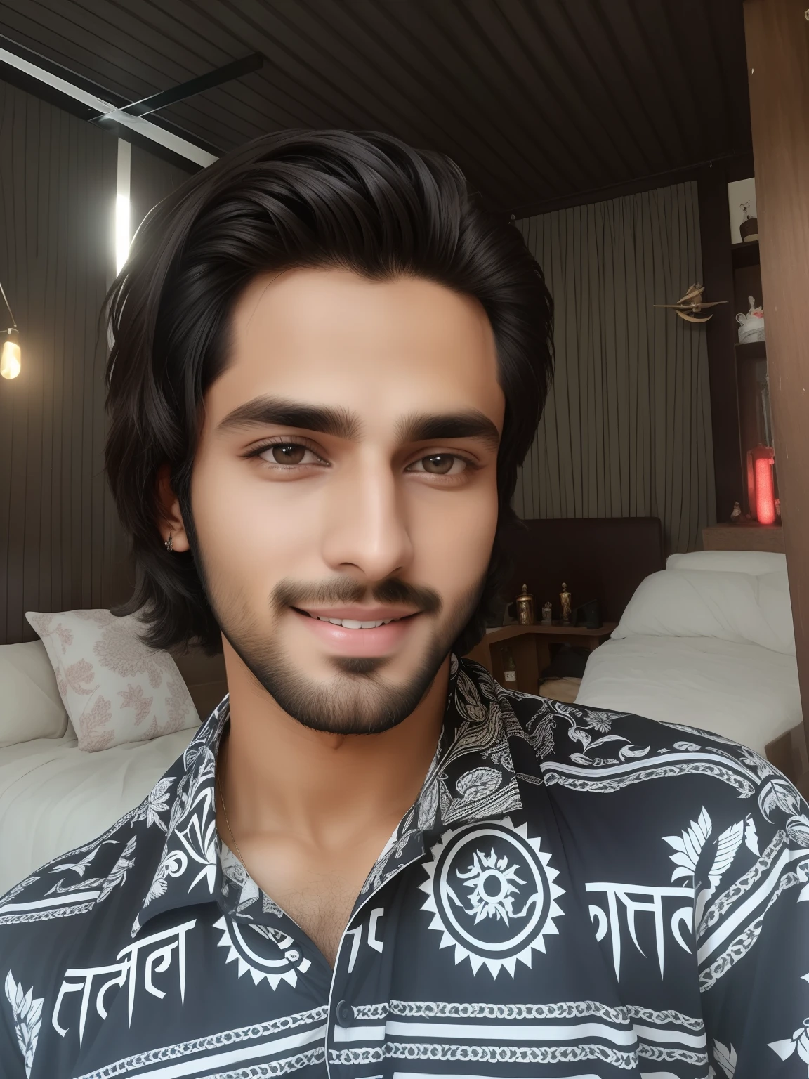 there is a hot boy that is standing in a room with a bat, without beard, with realistic face,  ayan nag, around 1 9 , good looking face handsome face, 4k ultra quality picture, selfie photo, indian,