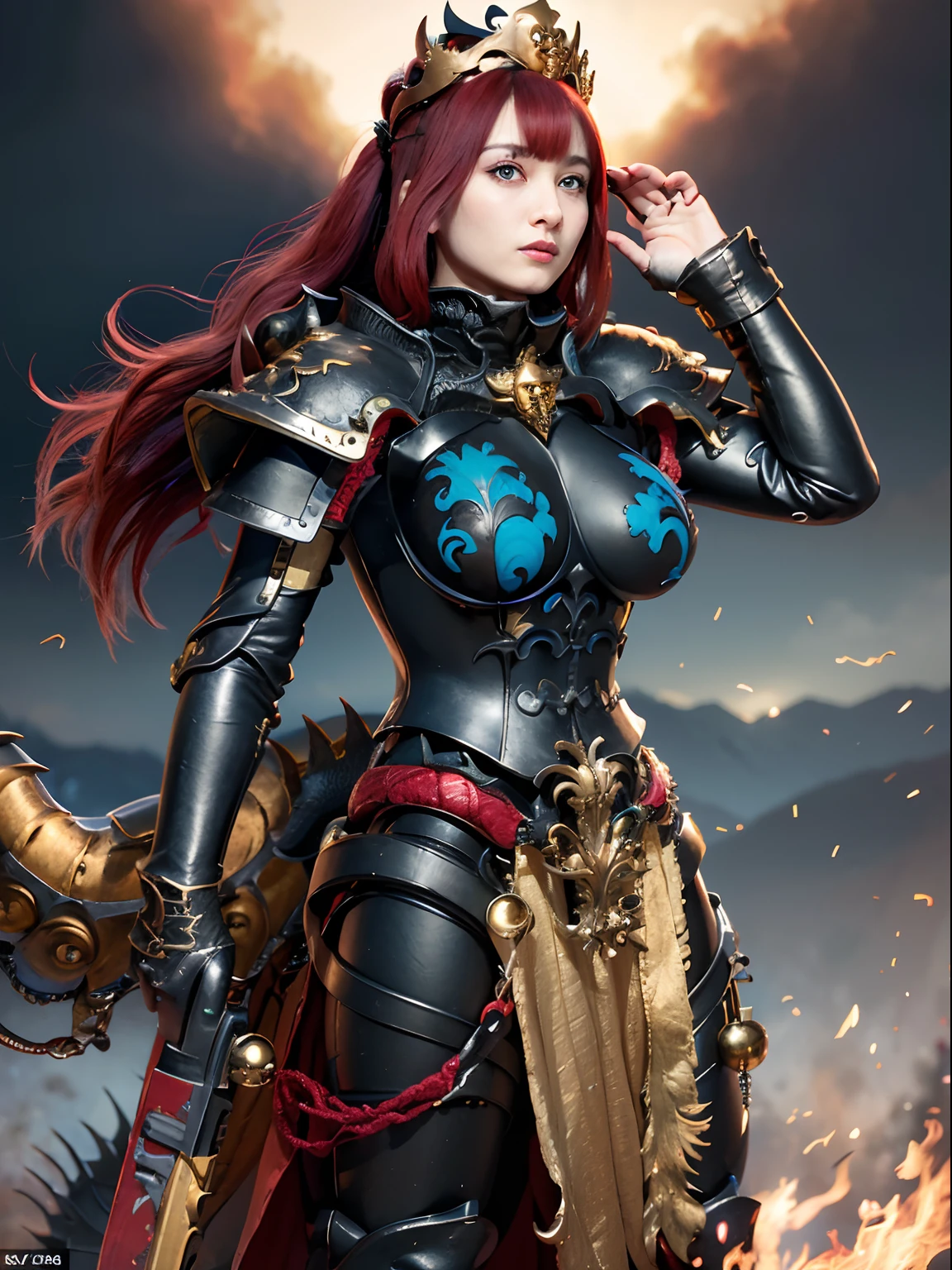 (masutepiece), Professional , masterpiece、top-quality、photos realistic , depth of fields 、(Dragon Black Metal Body:1.9),(Matte Blue Black、(cleavage of the breast)、Dragon Gold Weapon(Dragon Metal Body:1.4),Gorgeous gold weapons ,(( Dragon's dense and gorgeous sword)) , (demonic wings) ,warhammer 40k , adepta sororitas,Detail and gorgeous crown、((Red hair))、(Castle background)、((Gangle's forest background))、Beautiful Caucasian beauty、1a person、dynamic ungle,(((Two devil's horns on the head)))、Smaller head、A smile、Castle background、Thin and beautiful female hands、cleavage of the breast、Soldier in iron armor on background、Mystical expression、Light Effects、intense fighting、Wind-effect、magic circles、With the legendary magic wand、Dragon's tail、