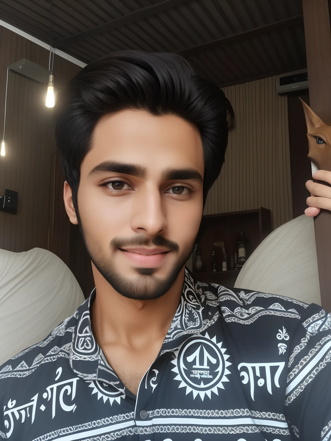 there is a hot boy that is standing in a room with a bat, without beard, with realistic face, ayan nag, around 1 9 years old, good looking face handsome face, 4k ultra quality picture, selfie photo, indian,