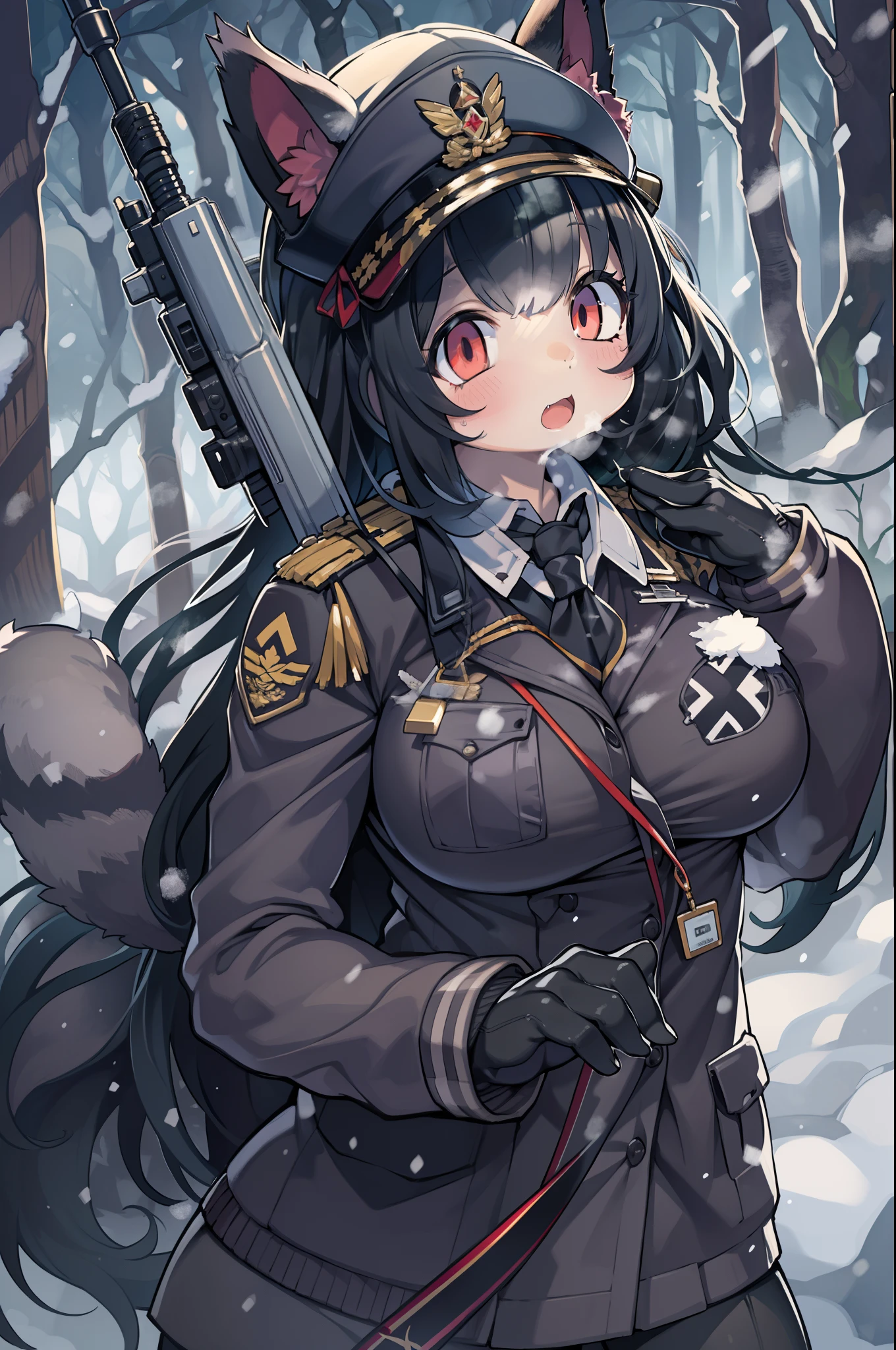 snowy forest, Black hair, Cat ears, Cat Girl, Red Eyes, As I ran, Nazi officer uniform, Nazi, Germany, Black Officer Uniform,huge-breasted、Giant Sniper Rifle、From the top、Overhead view