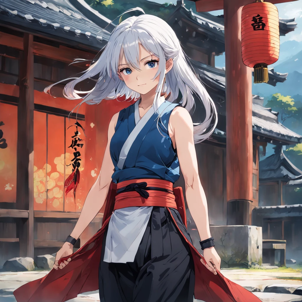 masterpiece, best quality, Japanese style scene, 20 years old woman with long white hair, , smiling gently, blue eyes, earing a Black sleeveless croptop and a Hakama pants, wearing Hanafuda earings, holding a black and red Katana, ancient (sparks:0.7)