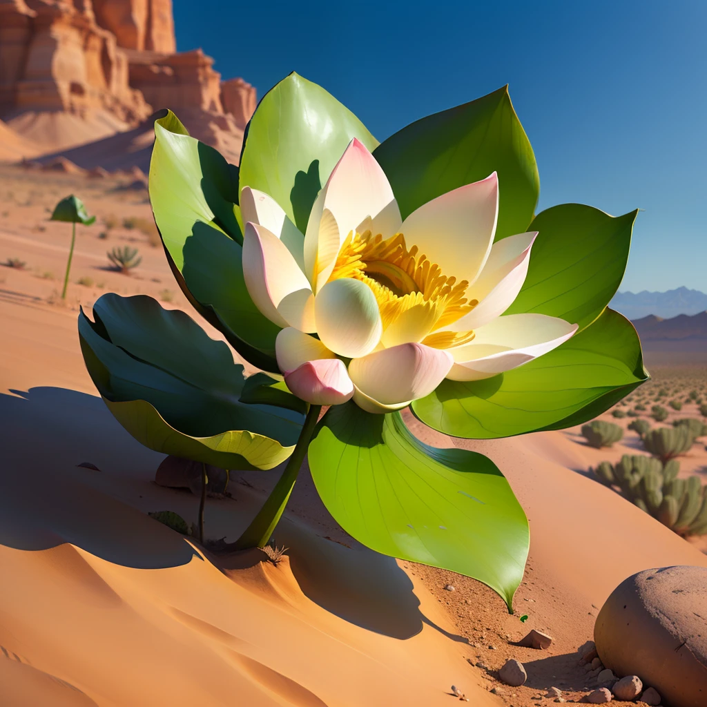 In a rolling desert，A growing lotus flower with buds and buds，